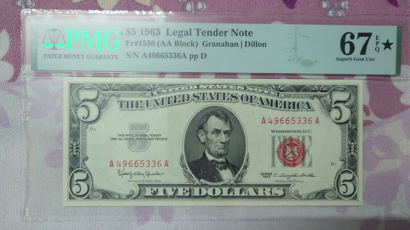 【世界钱币】精选微拍第65期暨2023年第十二期 评级币专场（最新出分品种） 1963年美国5元红库印 AA冠PMG67E带⭐