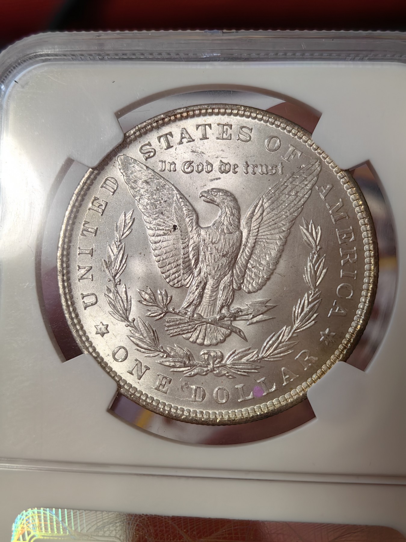 橡树集藏-006场 海纳百川 ngc-MS64   1896年美国摩根1美元银币 月牙彩标准器 原银霜光 老盒子严评