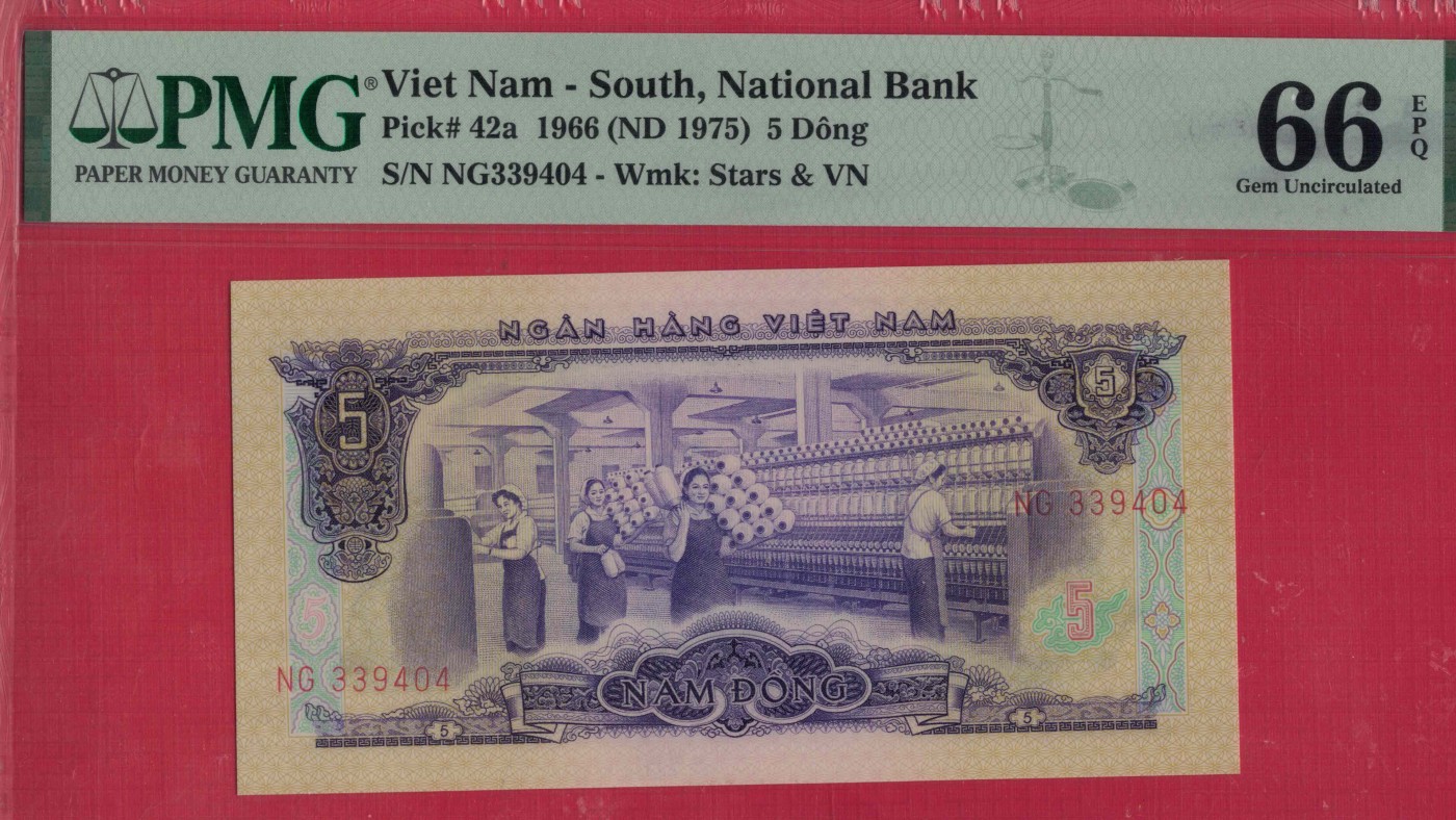 越南(南越)5盾 1966年(1975年) P-42a 中国代印 亚洲纸币 实物图 UNC