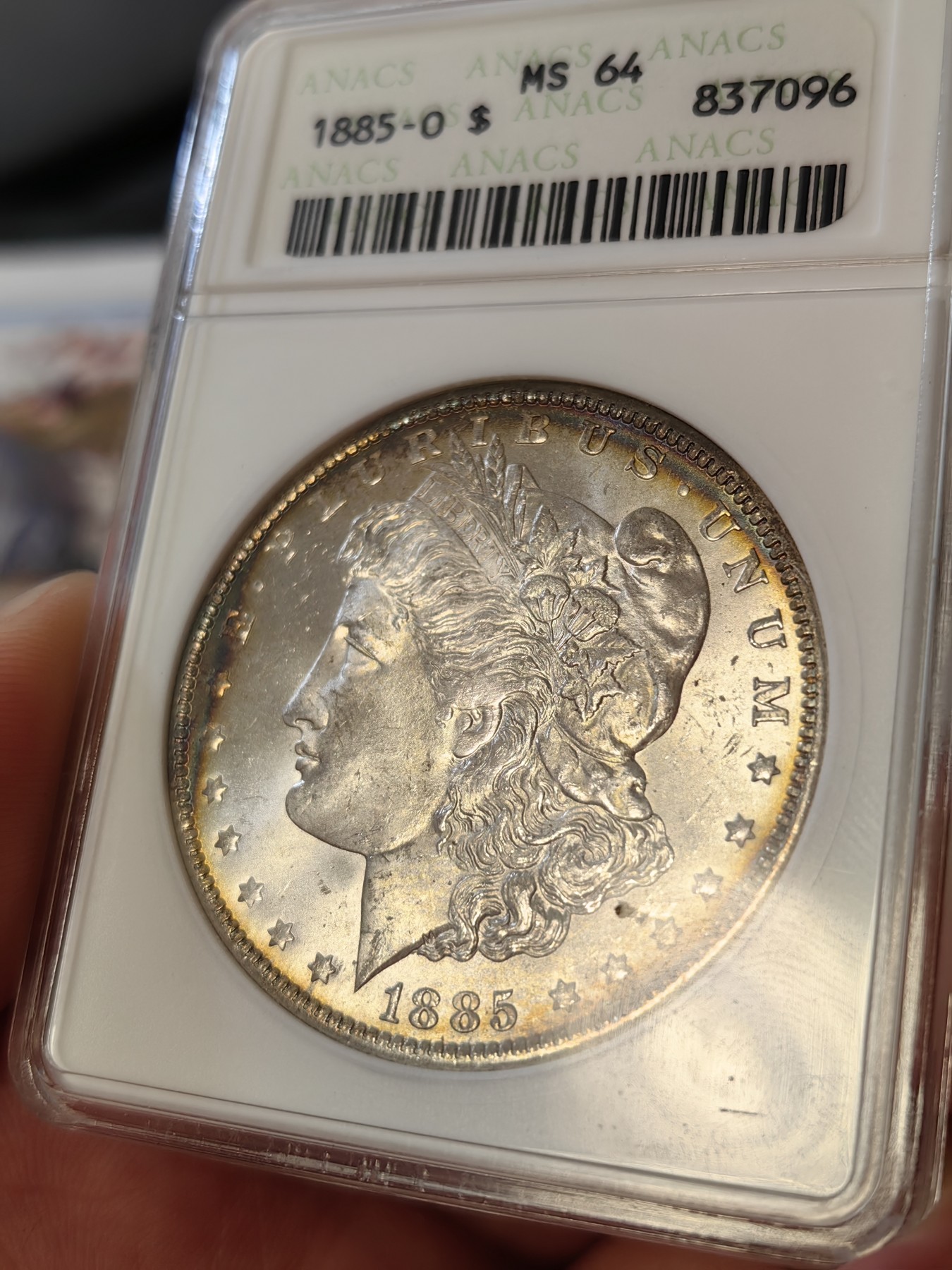 橡树集藏-006场 海纳百川 anacs-ms64 1885年o版美国摩根银元 双面环彩 车轮霜光 绝版小白盒 自藏好品