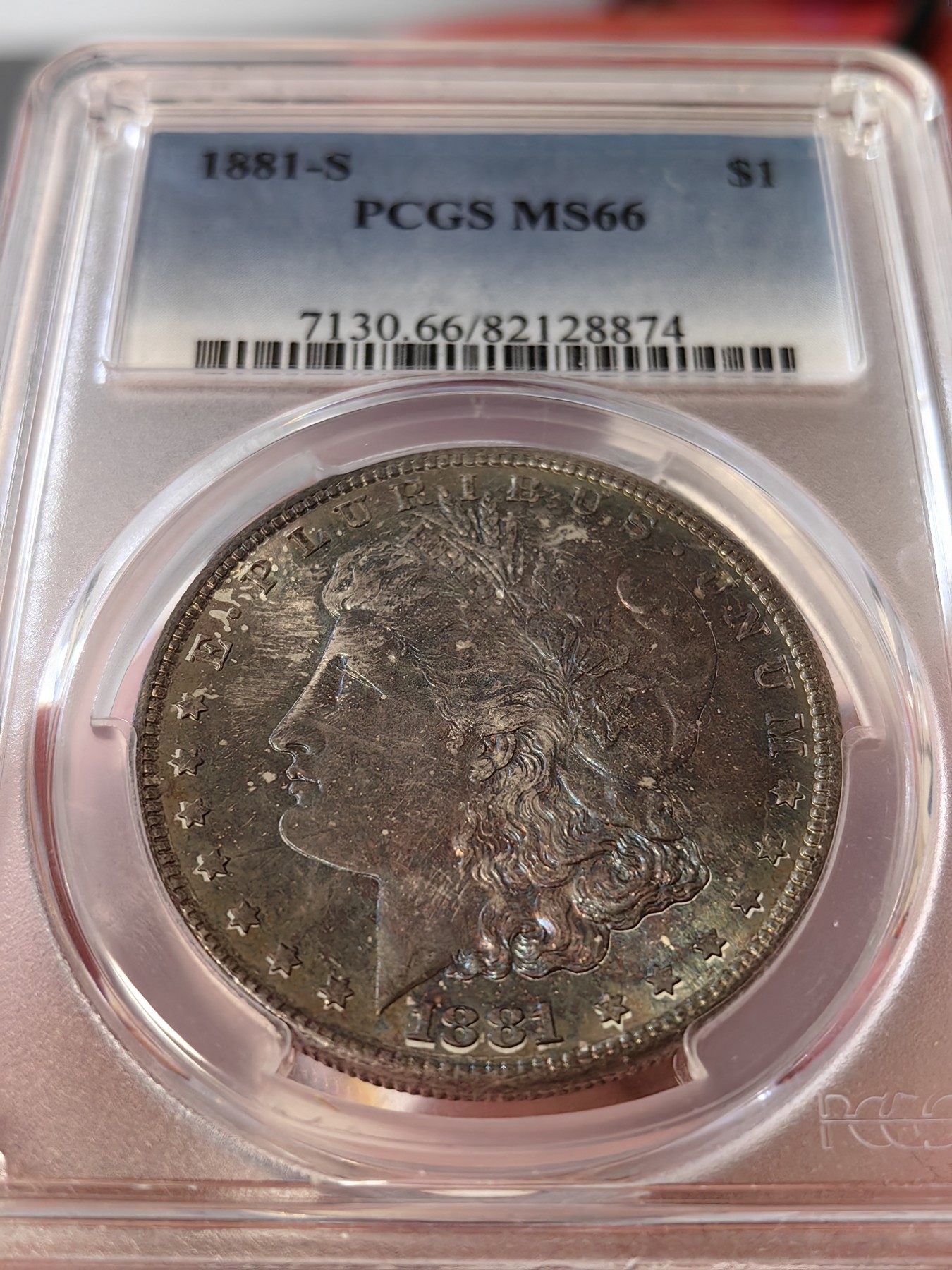 橡树集藏-006场 海纳百川 pcgs-MS66 1881-S 双面彩虹 顶级高分 紫色包浆 底板丝滑 打制锐利 可以自藏的彩虹摩根