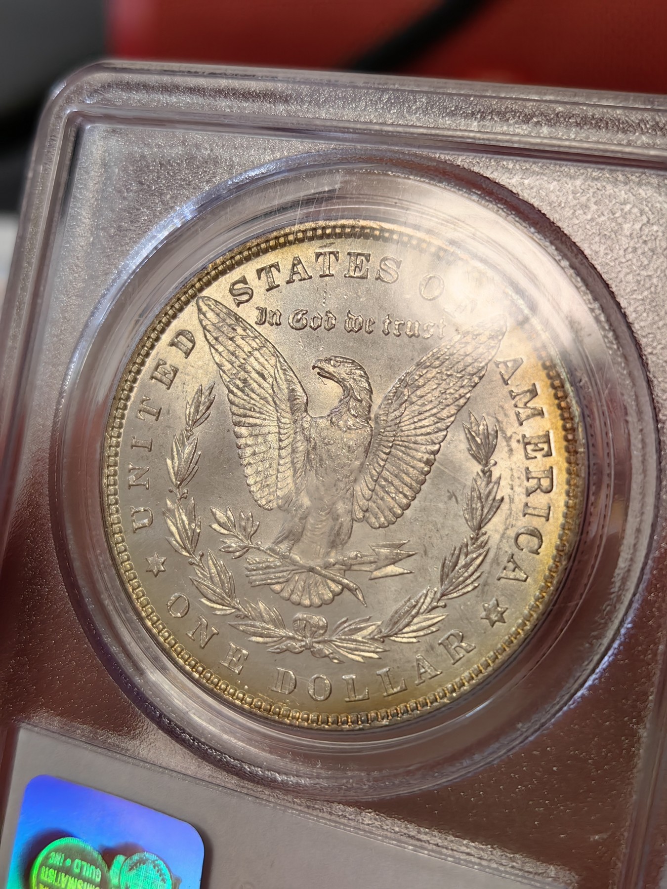 橡树集藏-006场 海纳百川 pcgs-ms63 1879年美国摩根银元 早期老盒子 少见橙红金彩 光泽绚丽