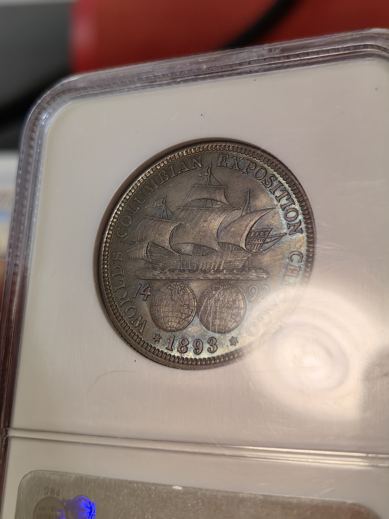 橡树集藏-006场 海纳百川 ngc-ms64 1893年美国哥伦布纪念银币 打制锐利 通体黑彩老包浆 丝绸霜光 自带帆船两个地球 设计优秀 