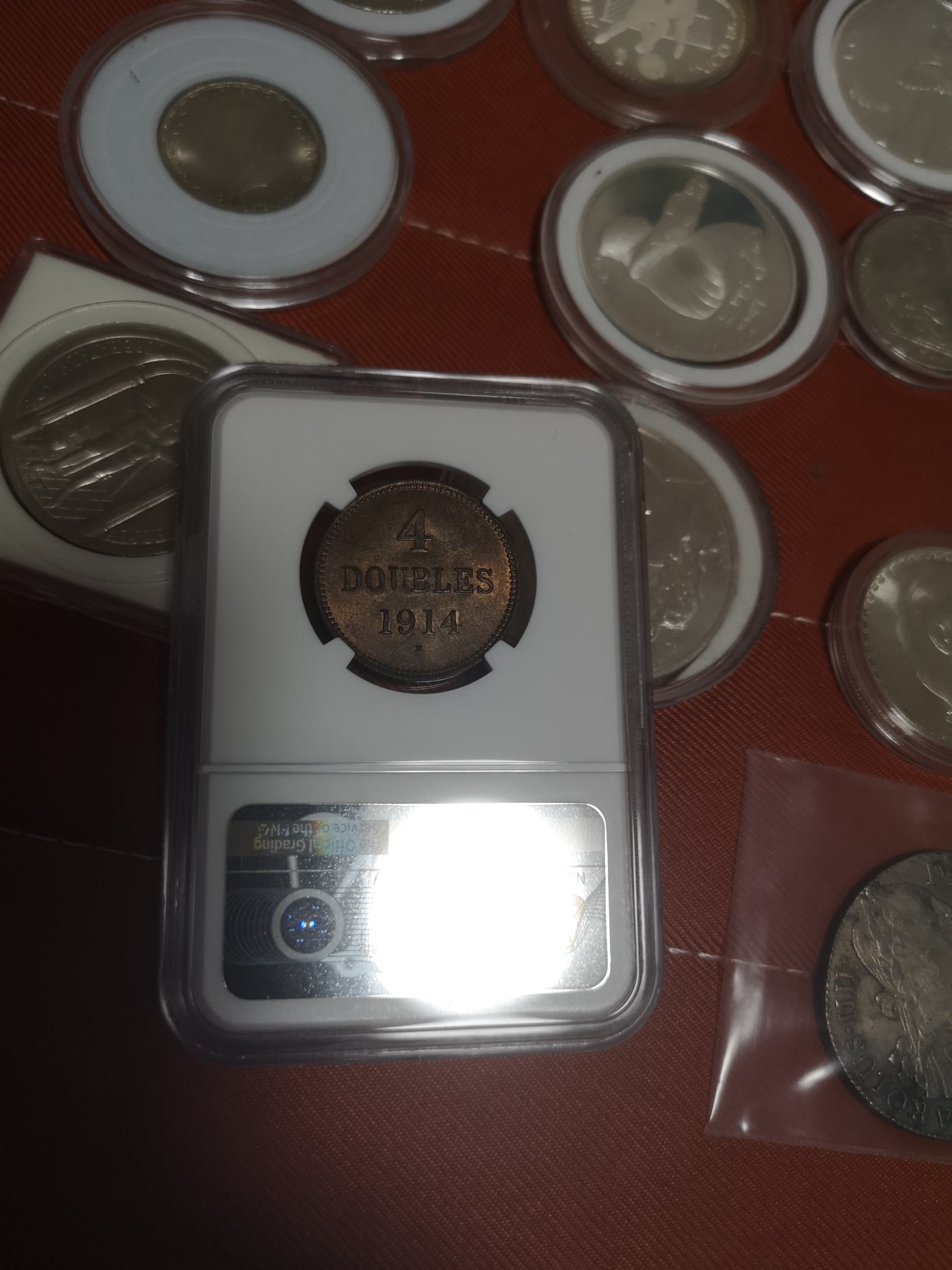 长老汇第14场精品新老银币系列 1914根西4道布铜币，NGC MS64RB，首年份