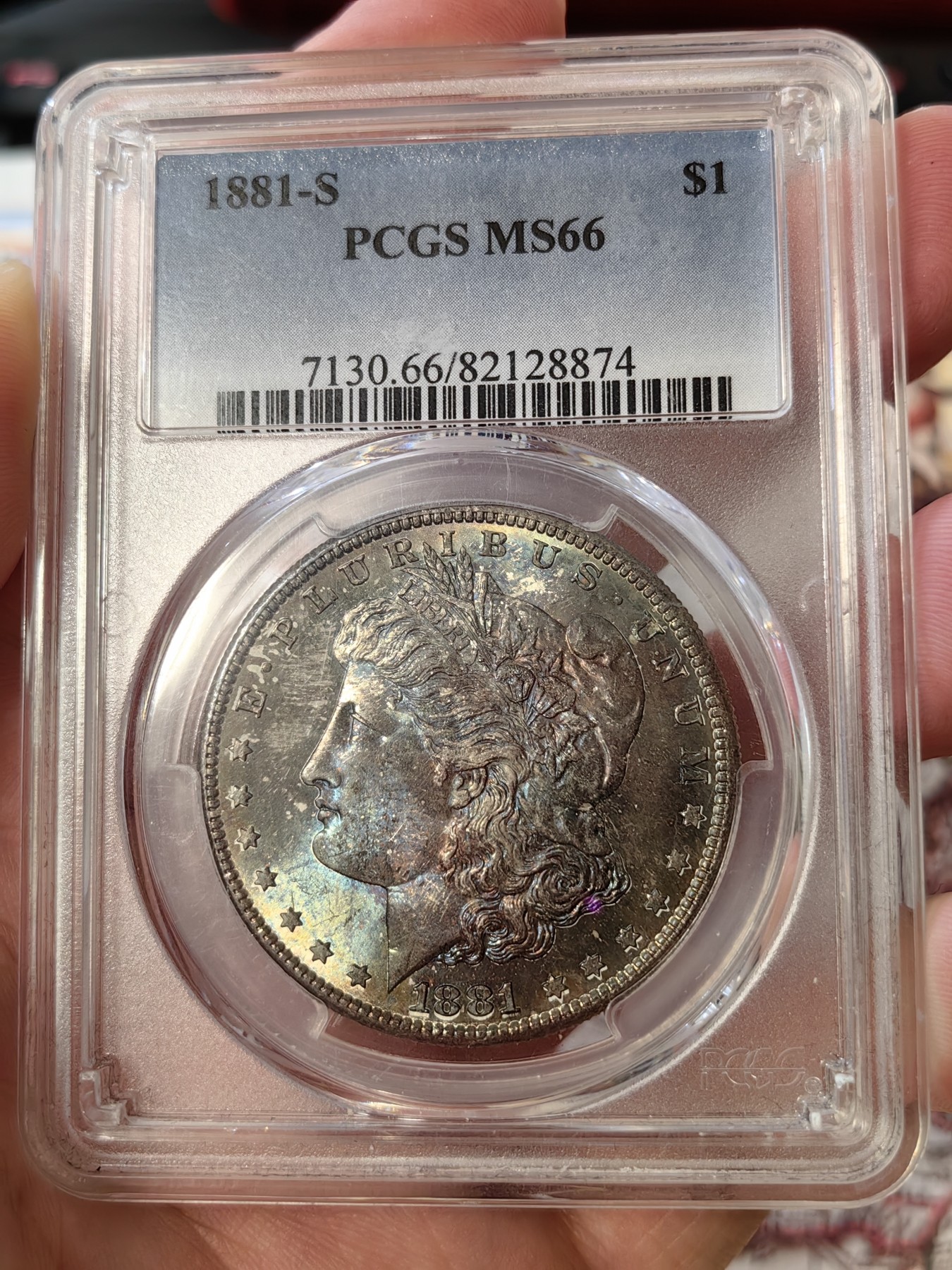 橡树集藏-006场 海纳百川 pcgs-MS66 1881-S 双面彩虹 顶级高分 紫色包浆 底板丝滑 打制锐利 可以自藏的彩虹摩根