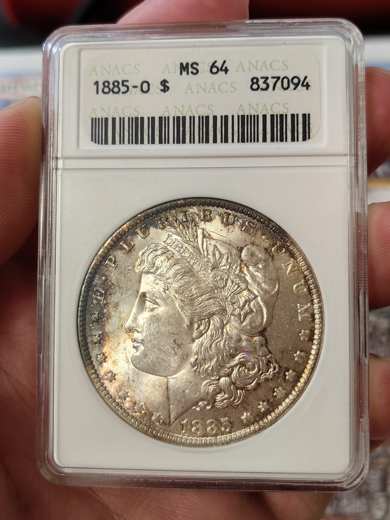 橡树集藏-006场 海纳百川 anacs-ms64 1885年o版美国摩根银元 双面老包浆 实物观感舒服 小白盒手感极佳 