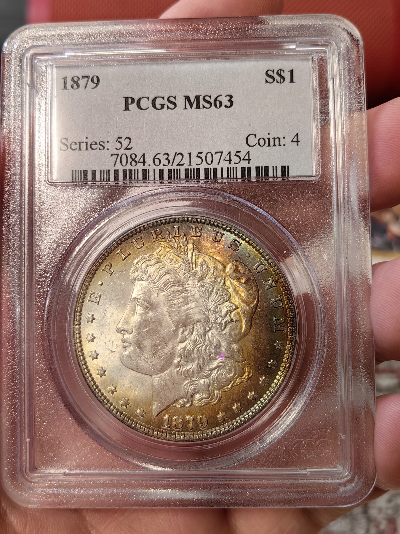 橡树集藏-006场 海纳百川 pcgs-ms63 1879年美国摩根银元 早期老盒子 少见橙红金彩 光泽绚丽
