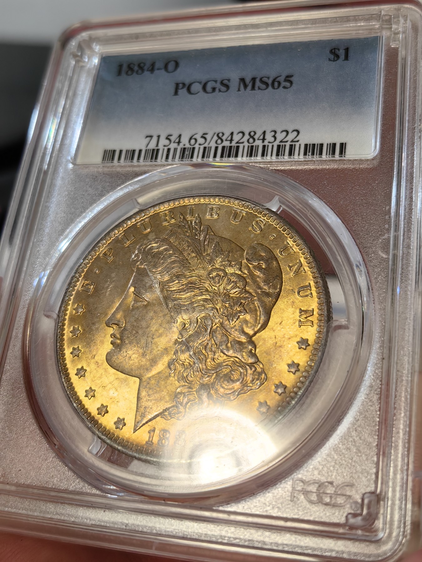 橡树集藏-006场 海纳百川 pcgs-ms65 1884年o版美国摩根银元 金发美国摩登女郎 全金彩覆盖罕见 仿佛镀了一层金箔 炫目华贵 实物观感极佳