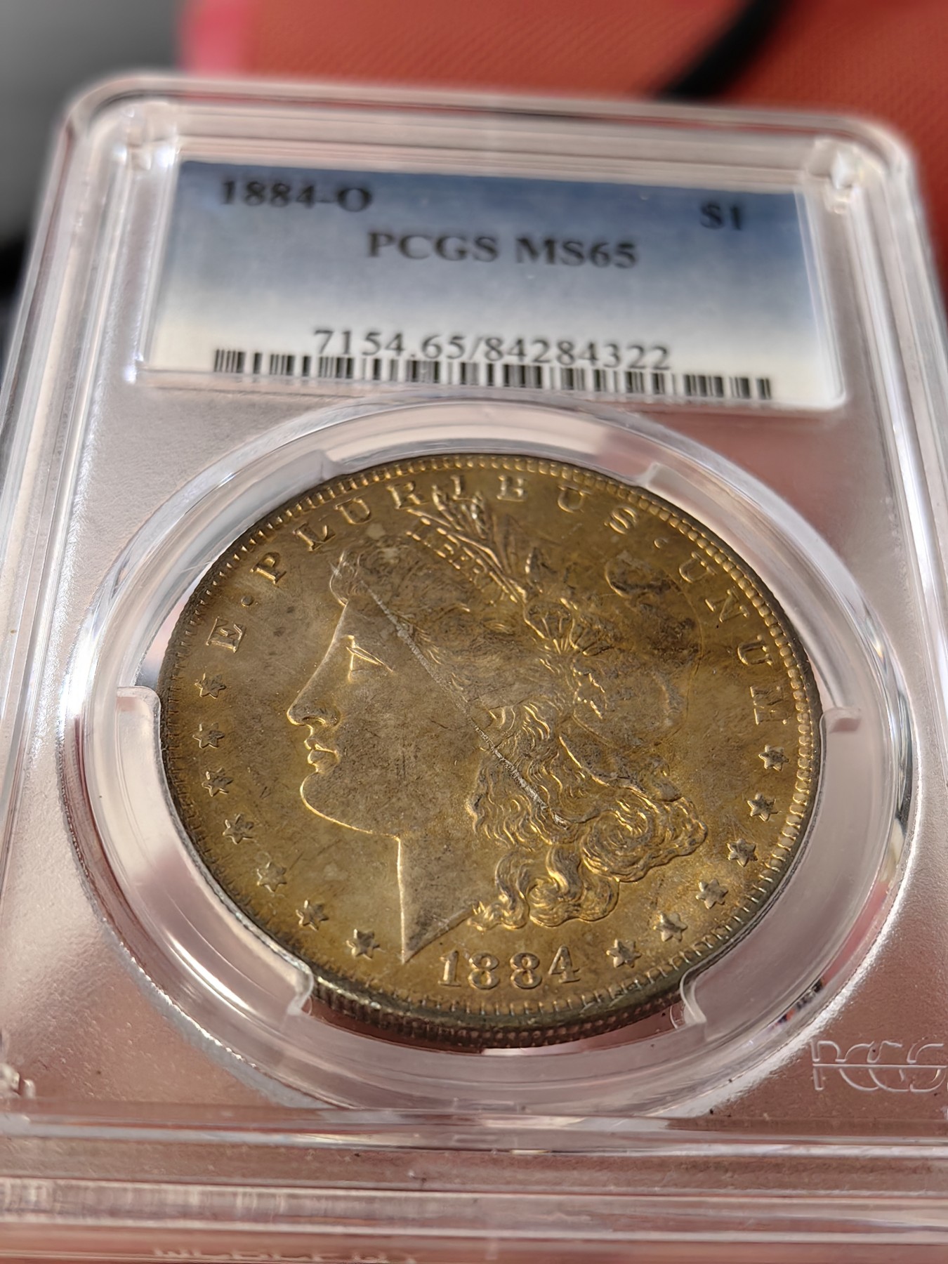 橡树集藏-006场 海纳百川 pcgs-ms65 1884年o版美国摩根银元 金发美国摩登女郎 全金彩覆盖罕见 仿佛镀了一层金箔 炫目华贵 实物观感极佳