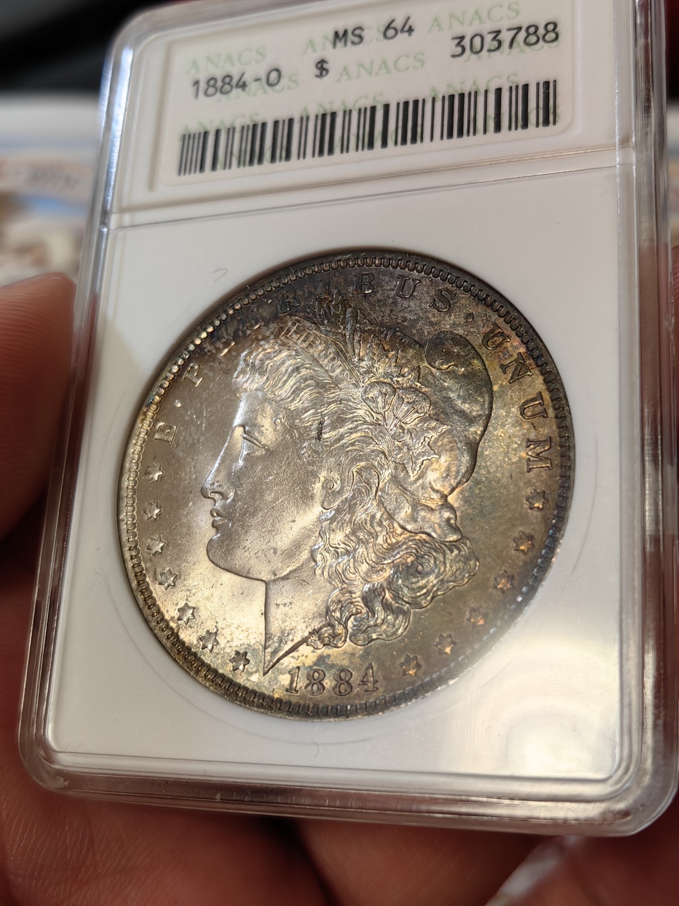 橡树集藏-006场 海纳百川 anacs-ms64 1884年o版美国摩根银元 双面月牙彩 包浆舒服 绝版可爱小白盒  把玩佳品