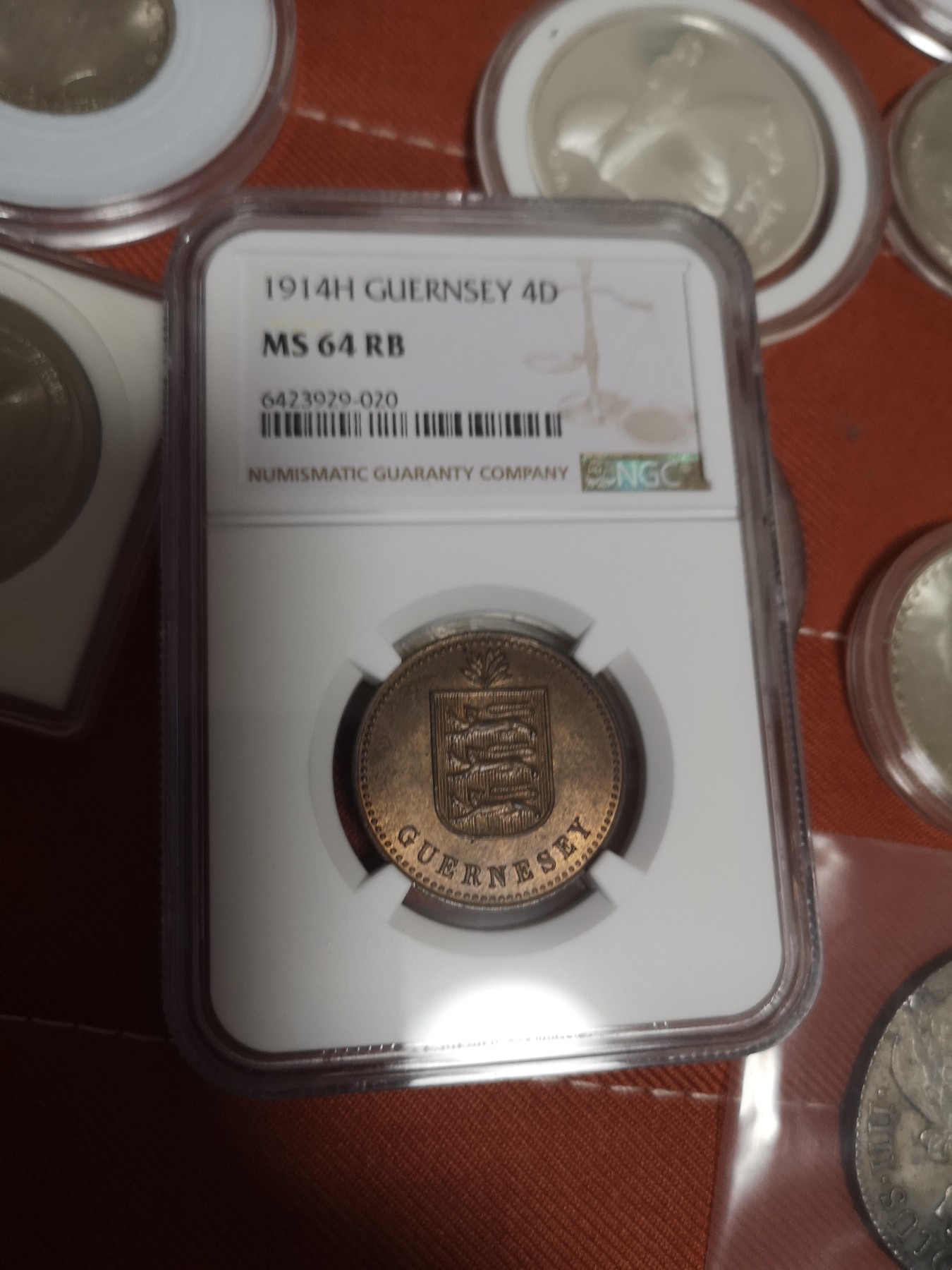 长老汇第14场精品新老银币系列 1914根西4道布铜币，NGC MS64RB，首年份