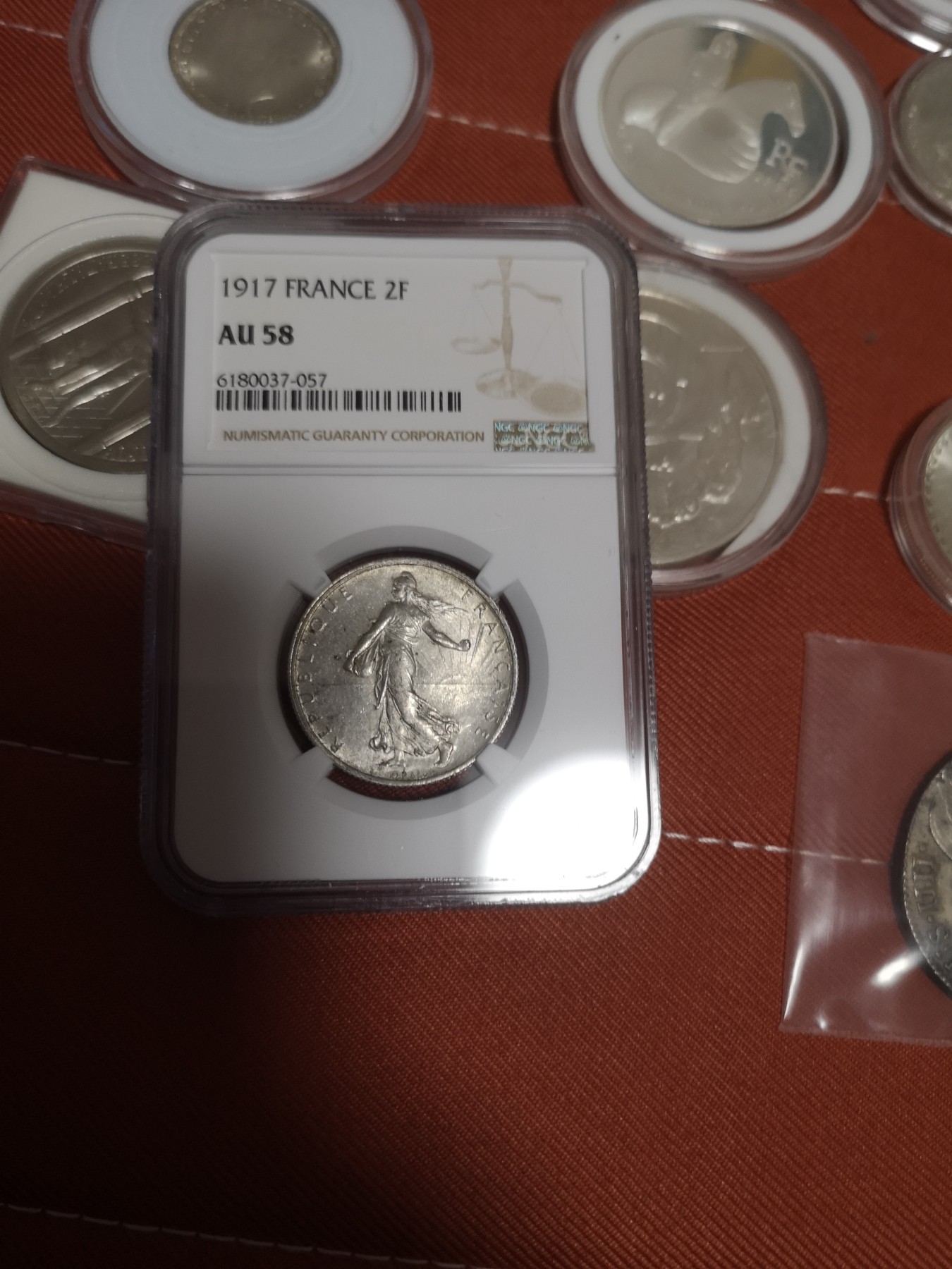 长老汇第14场精品新老银币系列 1917法国播种女神2法郎银币，NGC AU58分，罗蒂作品
