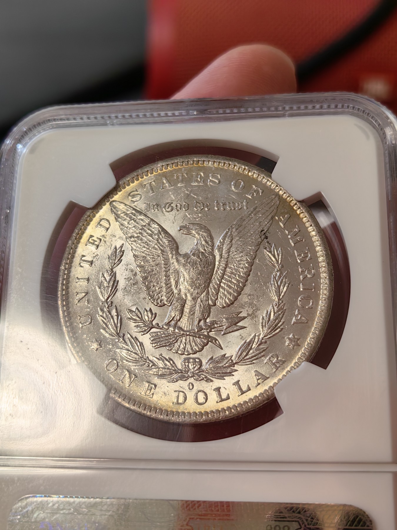 橡树集藏-006场 海纳百川 ngc-ms64 1883年o版美国摩根银元 老盒严评 正面炫目全金彩 洋红色点缀 实物观感极佳