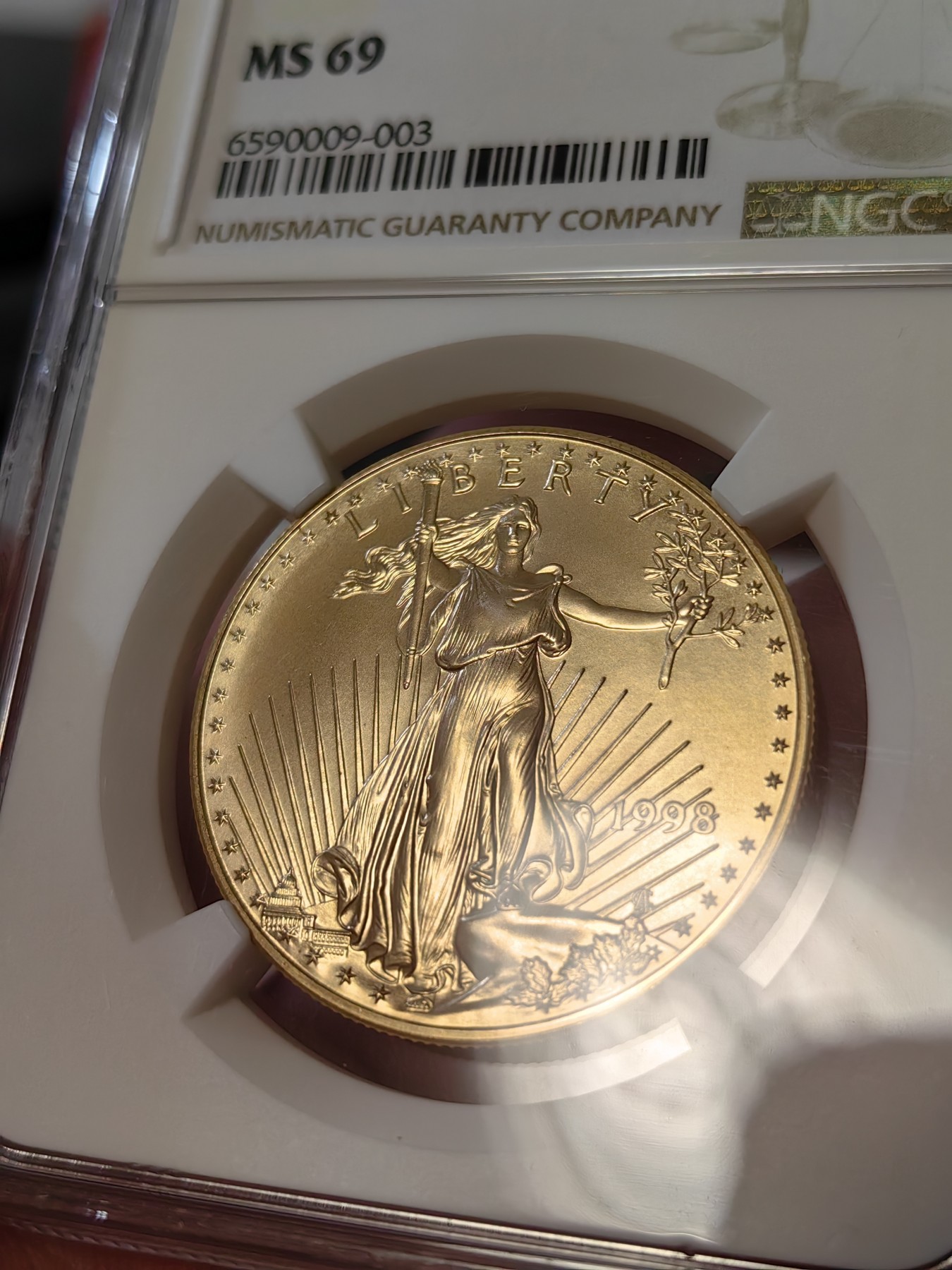 橡树集藏-006场 海纳百川 ngc-ms69 1998年美国圣高斯50美元金币  正面自由女神十分优美  背面美国鹰 含纯金1盎司 金价持续上涨 投资佳品