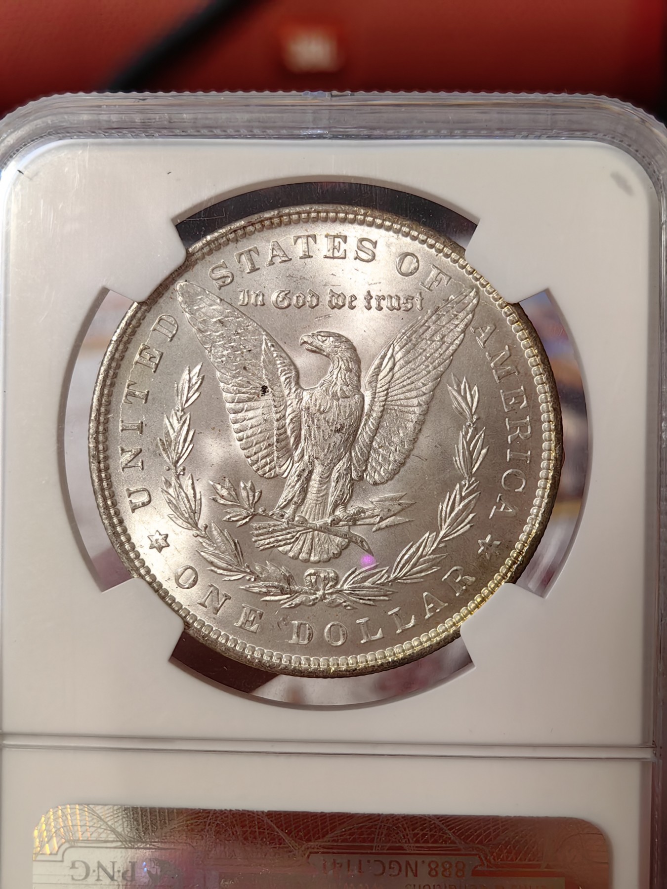 橡树集藏-006场 海纳百川 ngc-MS64   1896年美国摩根1美元银币 月牙彩标准器 原银霜光 老盒子严评