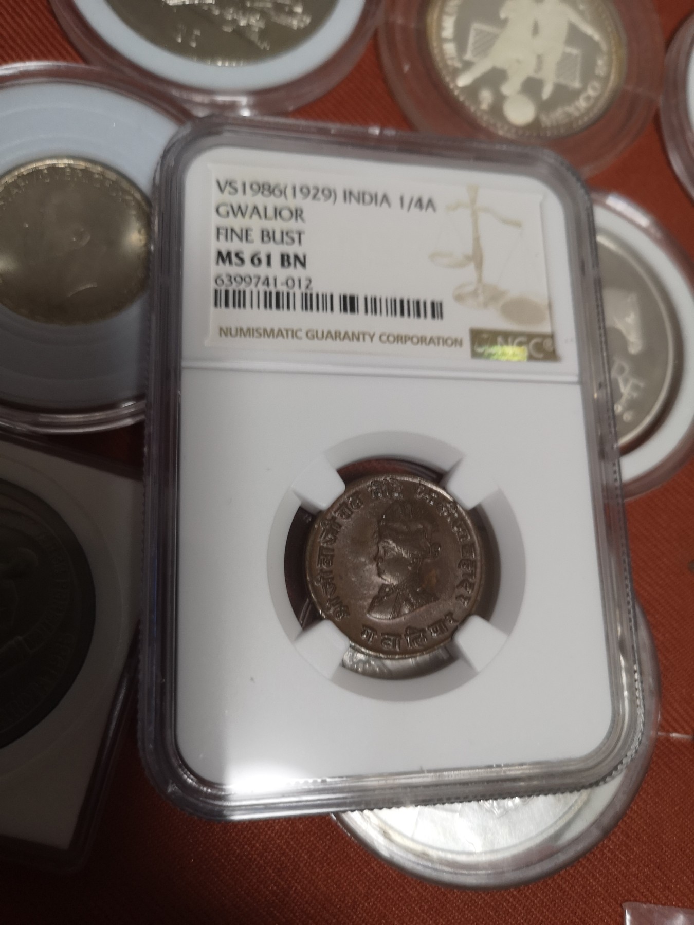 长老汇第14场精品新老银币系列 1929印度邦币瓜廖尔1/4安娜铜币，NGC MS61BN