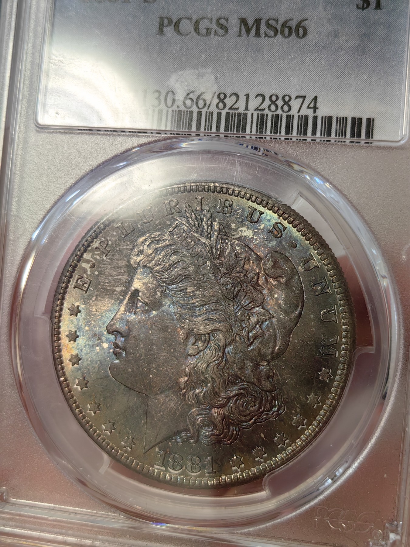 橡树集藏-006场 海纳百川 pcgs-MS66 1881-S 双面彩虹 顶级高分 紫色包浆 底板丝滑 打制锐利 可以自藏的彩虹摩根