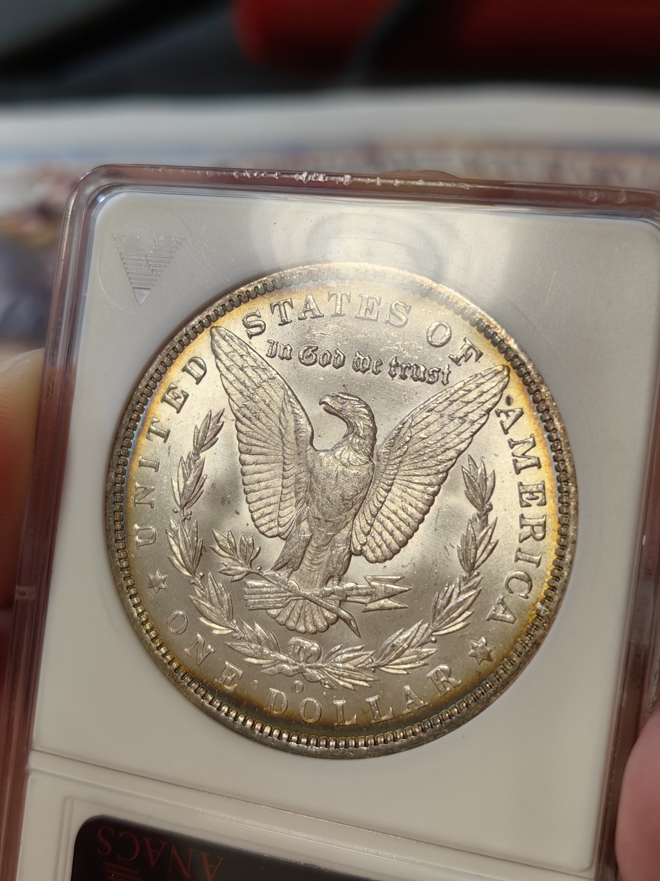 橡树集藏-006场 海纳百川 anacs-ms64 1885年o版美国摩根银元 双面环彩 车轮霜光 绝版小白盒 自藏好品