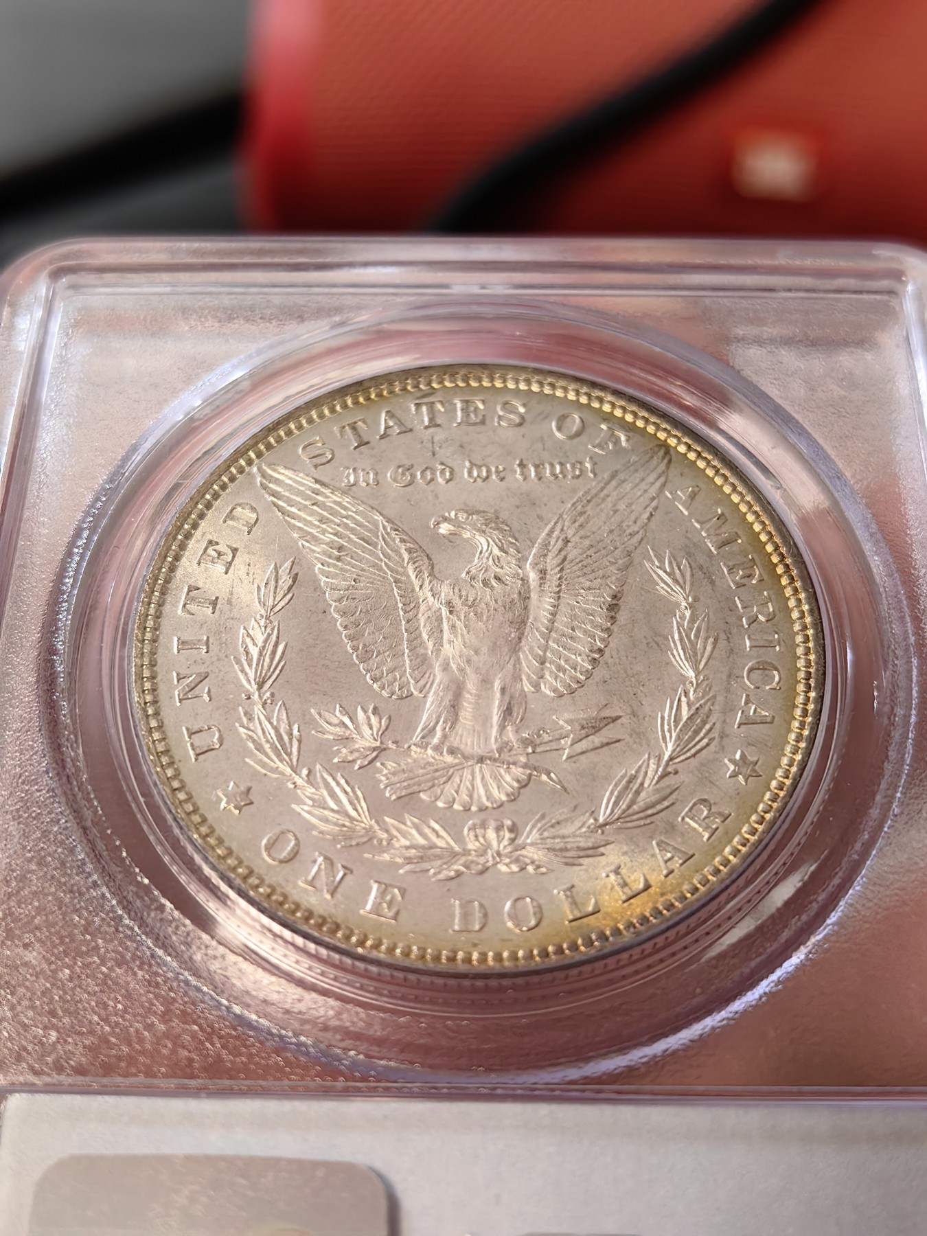 橡树集藏-006场 海纳百川 pcgs-ms63 1879年美国摩根银元 早期老盒子 少见橙红金彩 光泽绚丽