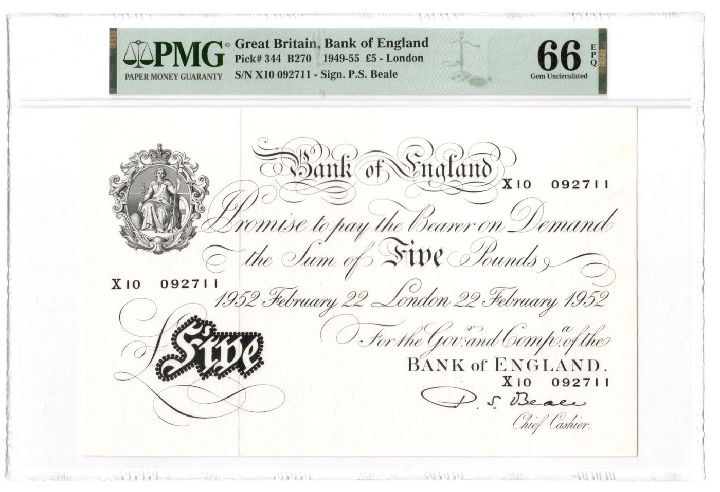 收藏联盟Quantum Auction 第272期拍卖 世界人口日专场 英国1949-55年5镑 PMG66 稀少白色英镑 号码无4