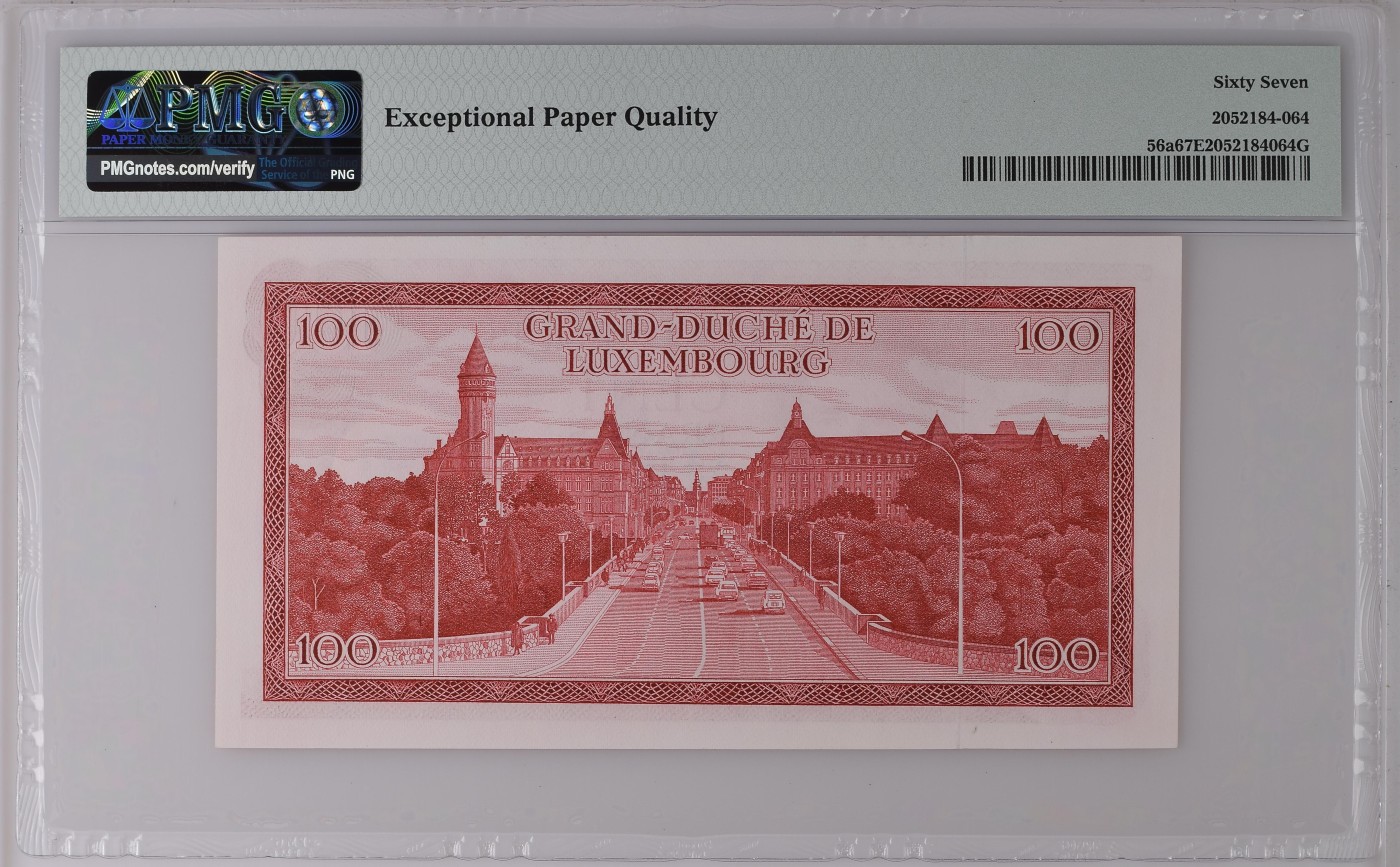 收藏联盟Quantum Auction 第272期拍卖 世界人口日专场 卢森堡1970年100法郎 PMG67 首发A冠 号码无3457 鲁道夫大桥入口俯瞰