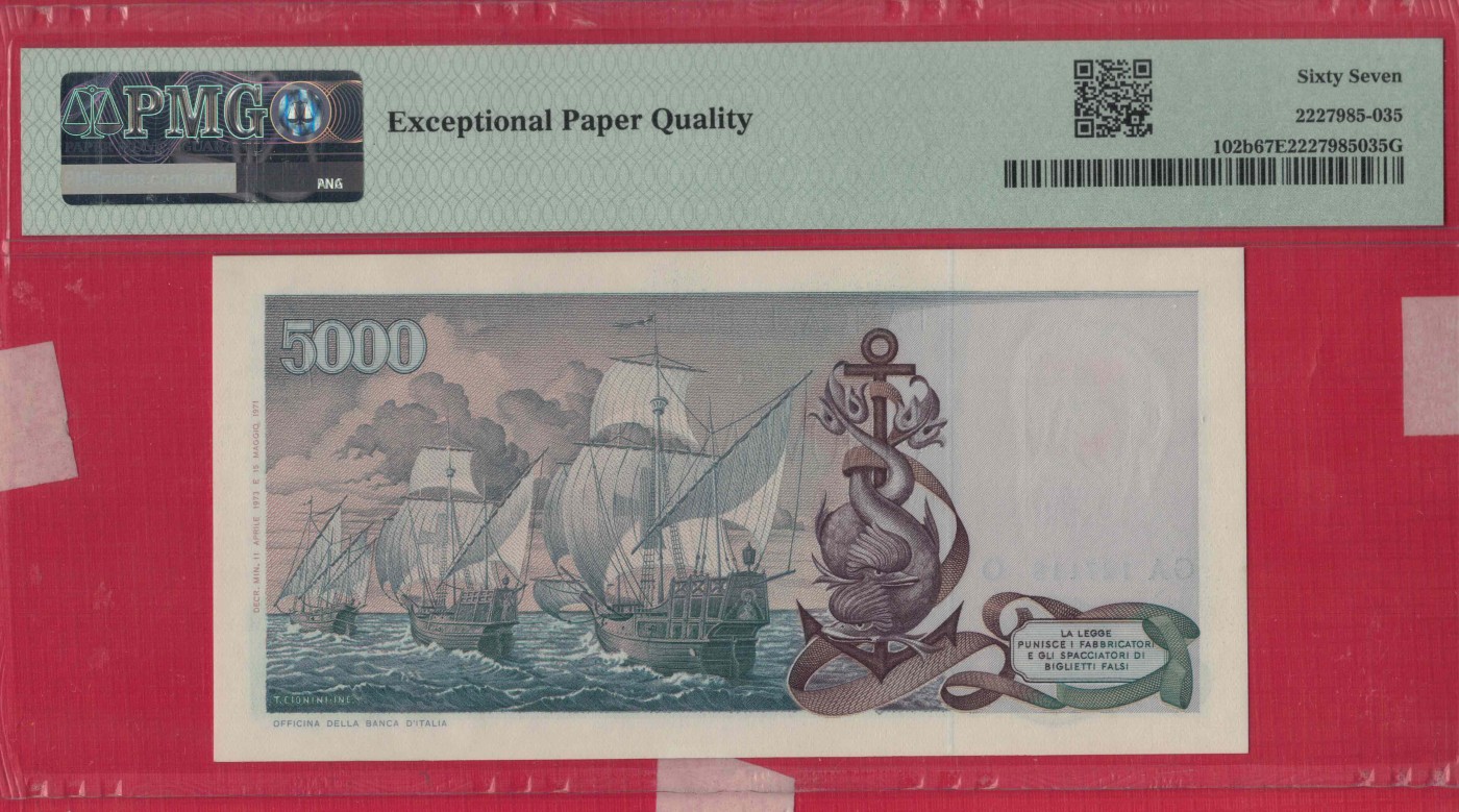 意大利5000里拉 1973年 P-102b 无4尾18 欧洲纸币 实物图 UNC