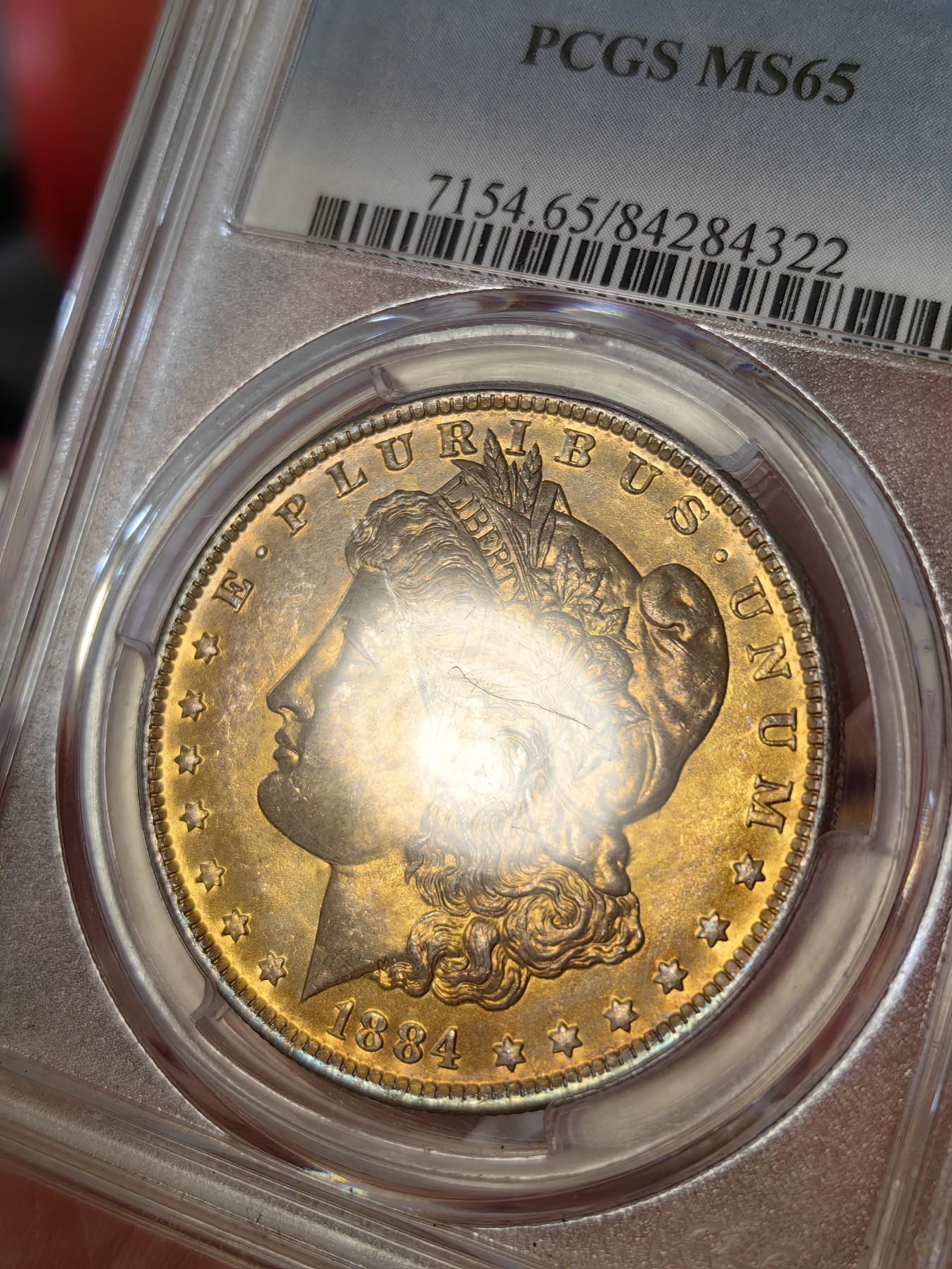 橡树集藏-006场 海纳百川 pcgs-ms65 1884年o版美国摩根银元 金发美国摩登女郎 全金彩覆盖罕见 仿佛镀了一层金箔 炫目华贵 实物观感极佳