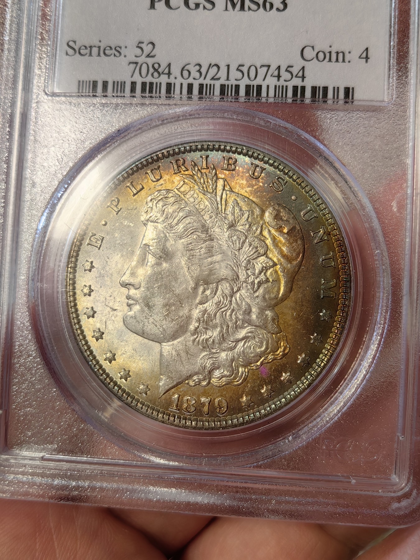 橡树集藏-006场 海纳百川 pcgs-ms63 1879年美国摩根银元 早期老盒子 少见橙红金彩 光泽绚丽