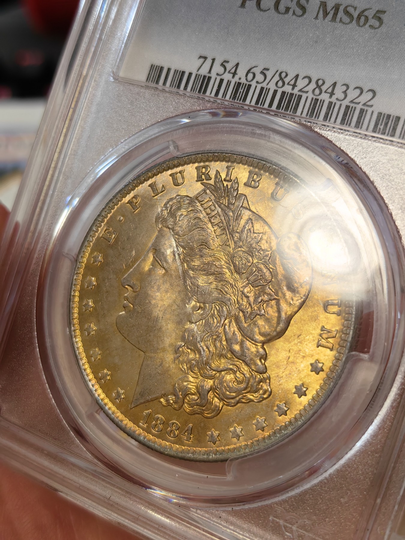 橡树集藏-006场 海纳百川 pcgs-ms65 1884年o版美国摩根银元 金发美国摩登女郎 全金彩覆盖罕见 仿佛镀了一层金箔 炫目华贵 实物观感极佳