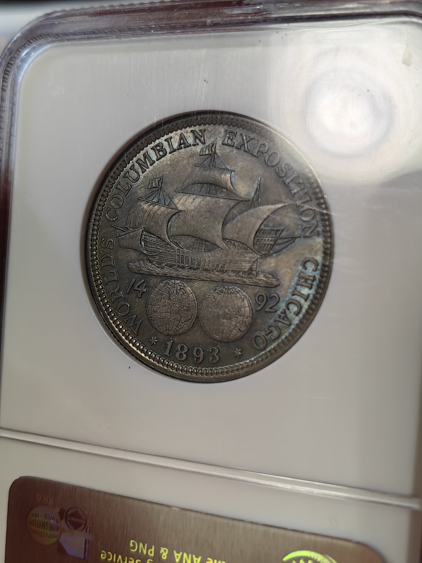 橡树集藏-006场 海纳百川 ngc-ms64 1893年美国哥伦布纪念银币 打制锐利 通体黑彩老包浆 丝绸霜光 自带帆船两个地球 设计优秀 