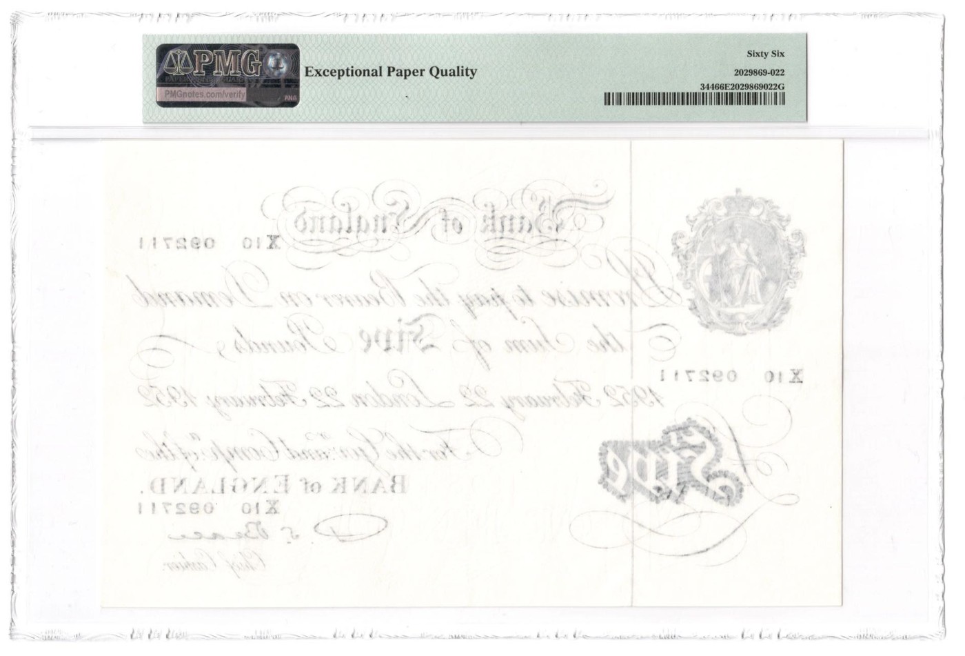 收藏联盟Quantum Auction 第272期拍卖 世界人口日专场 英国1949-55年5镑 PMG66 稀少白色英镑 号码无4