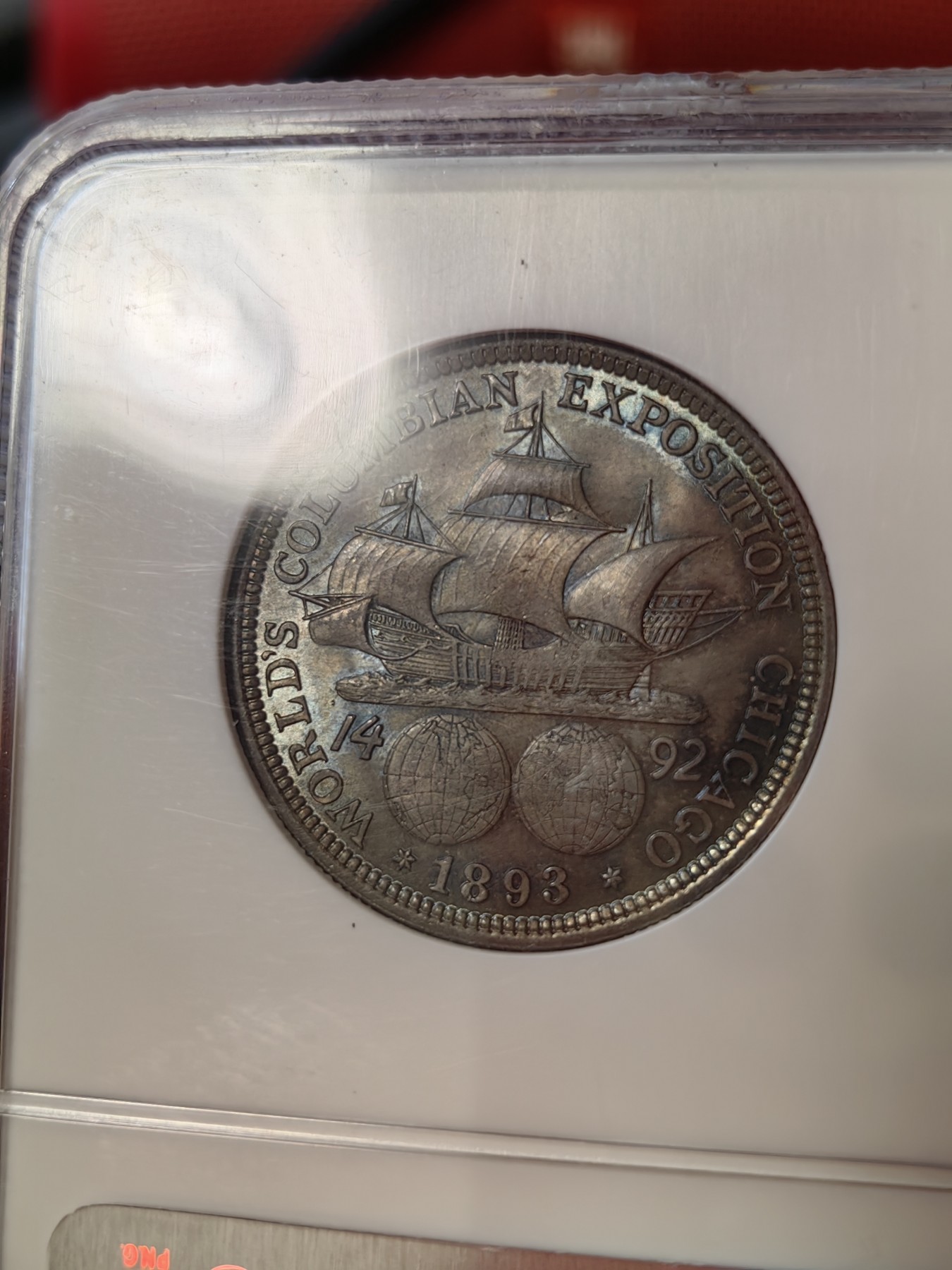 橡树集藏-006场 海纳百川 ngc-ms64 1893年美国哥伦布纪念银币 打制锐利 通体黑彩老包浆 丝绸霜光 自带帆船两个地球 设计优秀 