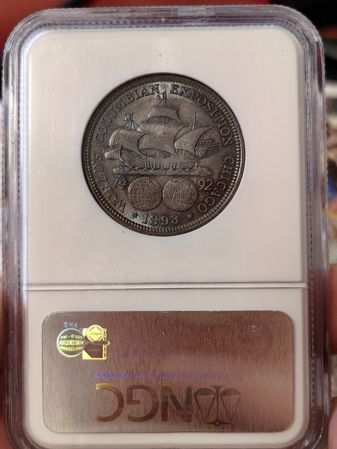 橡树集藏-006场 海纳百川 ngc-ms64 1893年美国哥伦布纪念银币 打制锐利 通体黑彩老包浆 丝绸霜光 自带帆船两个地球 设计优秀 