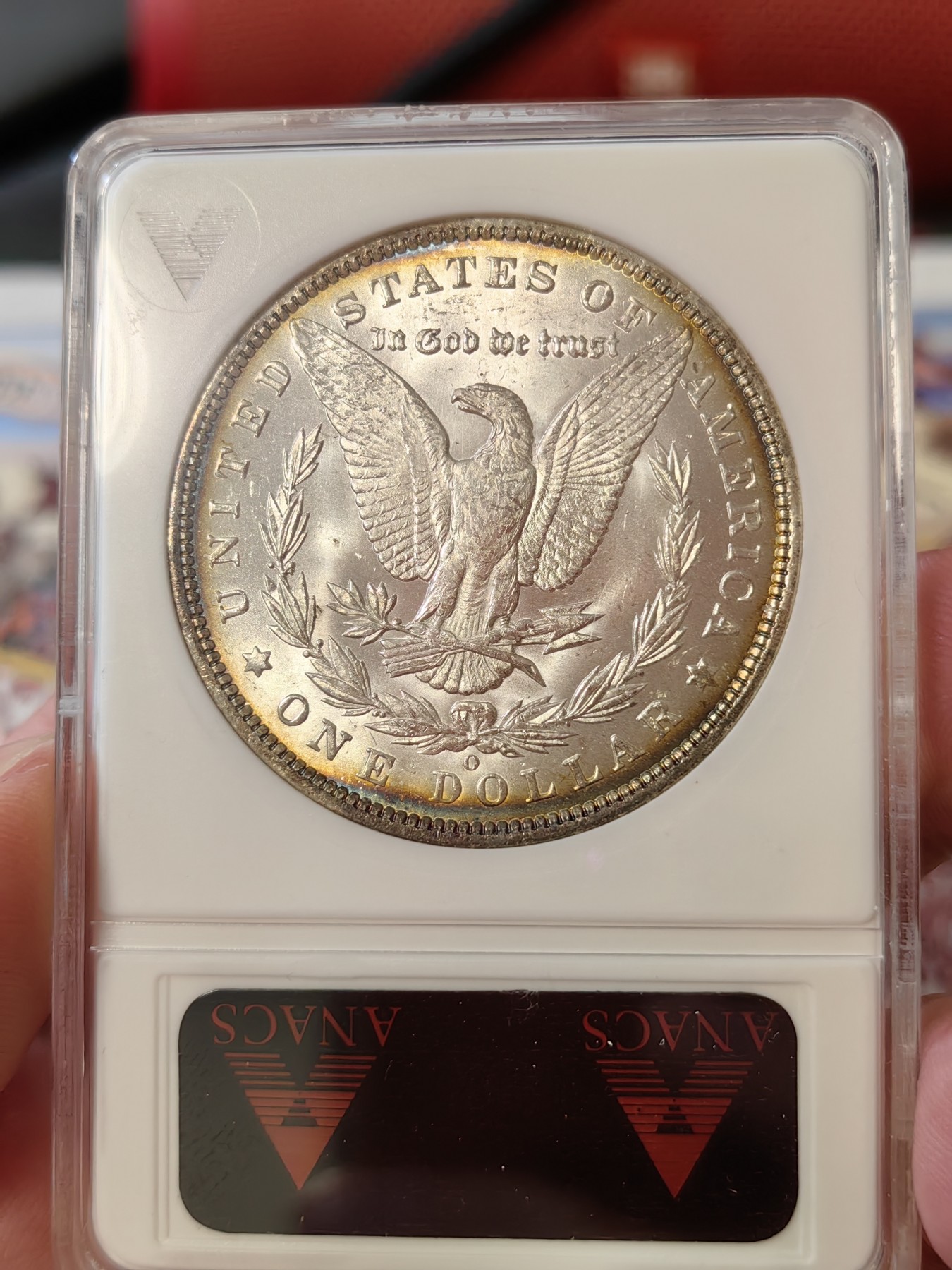 橡树集藏-006场 海纳百川 anacs-ms64 1885年o版美国摩根银元 双面环彩 车轮霜光 绝版小白盒 自藏好品