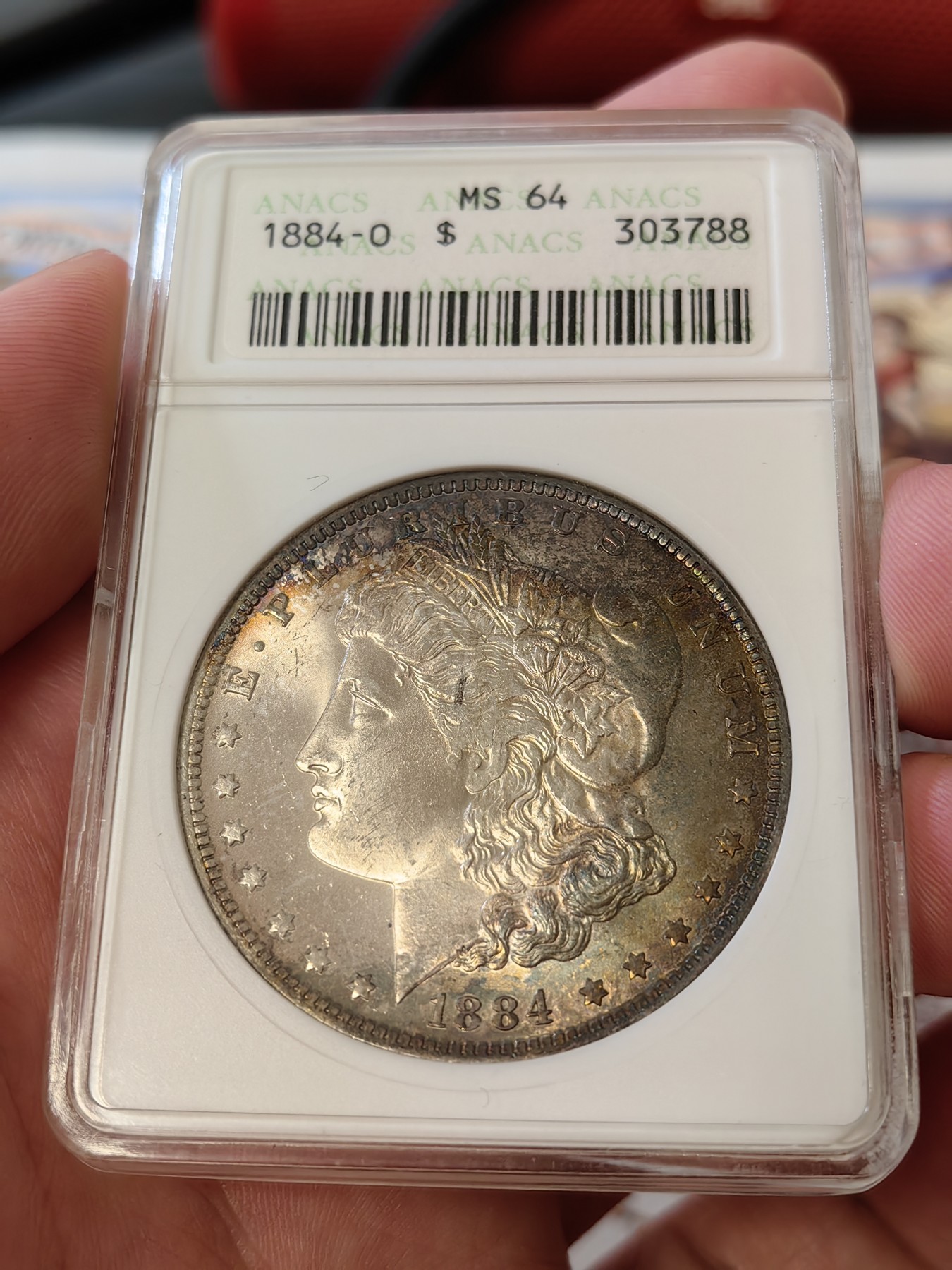 橡树集藏-006场 海纳百川 anacs-ms64 1884年o版美国摩根银元 双面月牙彩 包浆舒服 绝版可爱小白盒  把玩佳品