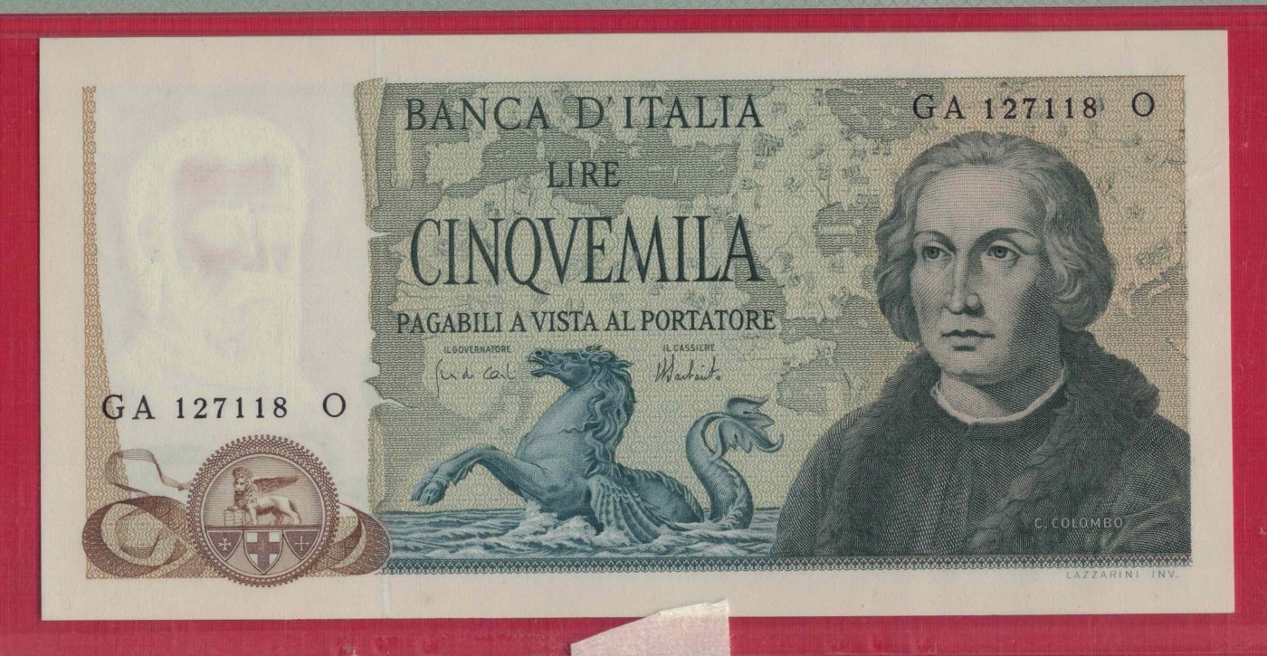 意大利5000里拉 1973年 P-102b 无4尾18 欧洲纸币 实物图 UNC