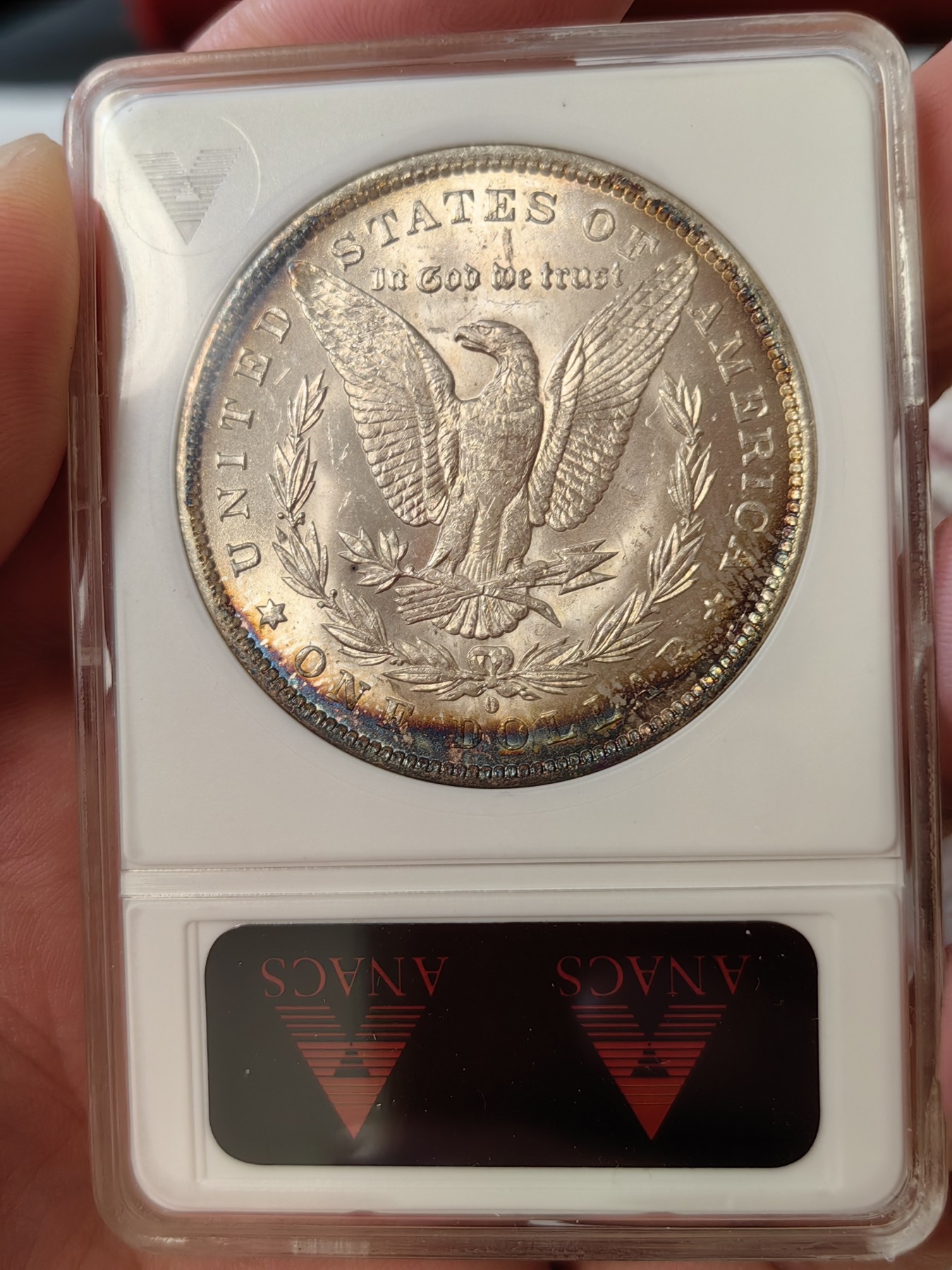 橡树集藏-006场 海纳百川 anacs-ms64 1884年o版美国摩根银元 双面月牙彩 包浆舒服 绝版可爱小白盒  把玩佳品