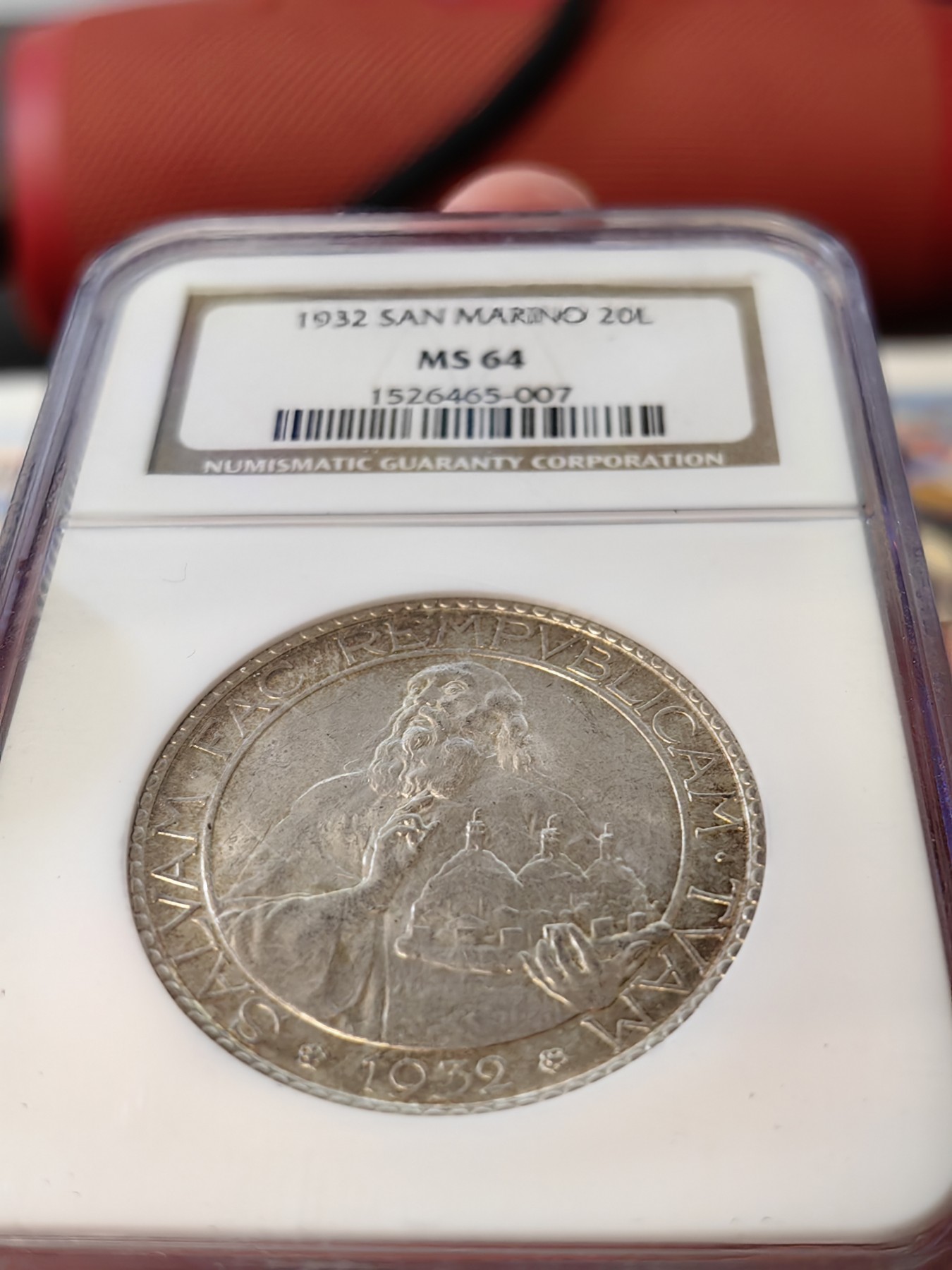 橡树集藏-006场 海纳百川 ngc-ms64 1932年圣马力诺20里拉大银币 环彩黄油包浆 双车轮顶级霜光 老盒严评品质保障 实物状态极佳