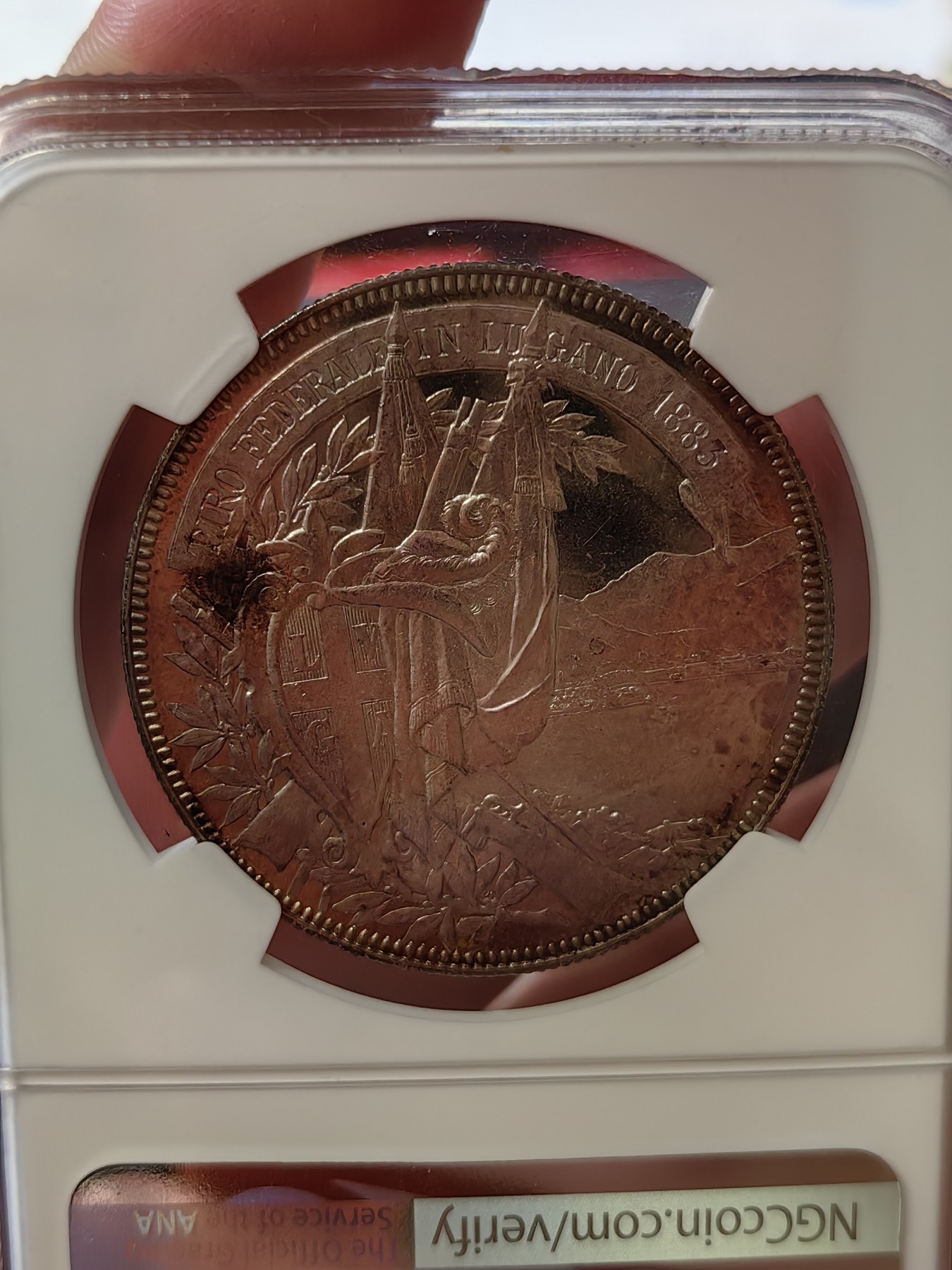 橡树集藏-006场 海纳百川 ngc-ms64pl 1883年瑞士卢加诺射击节5法郎大银币 pl唯一评级  极其罕见的prooflike射击节 实物绝美 令人惊叹