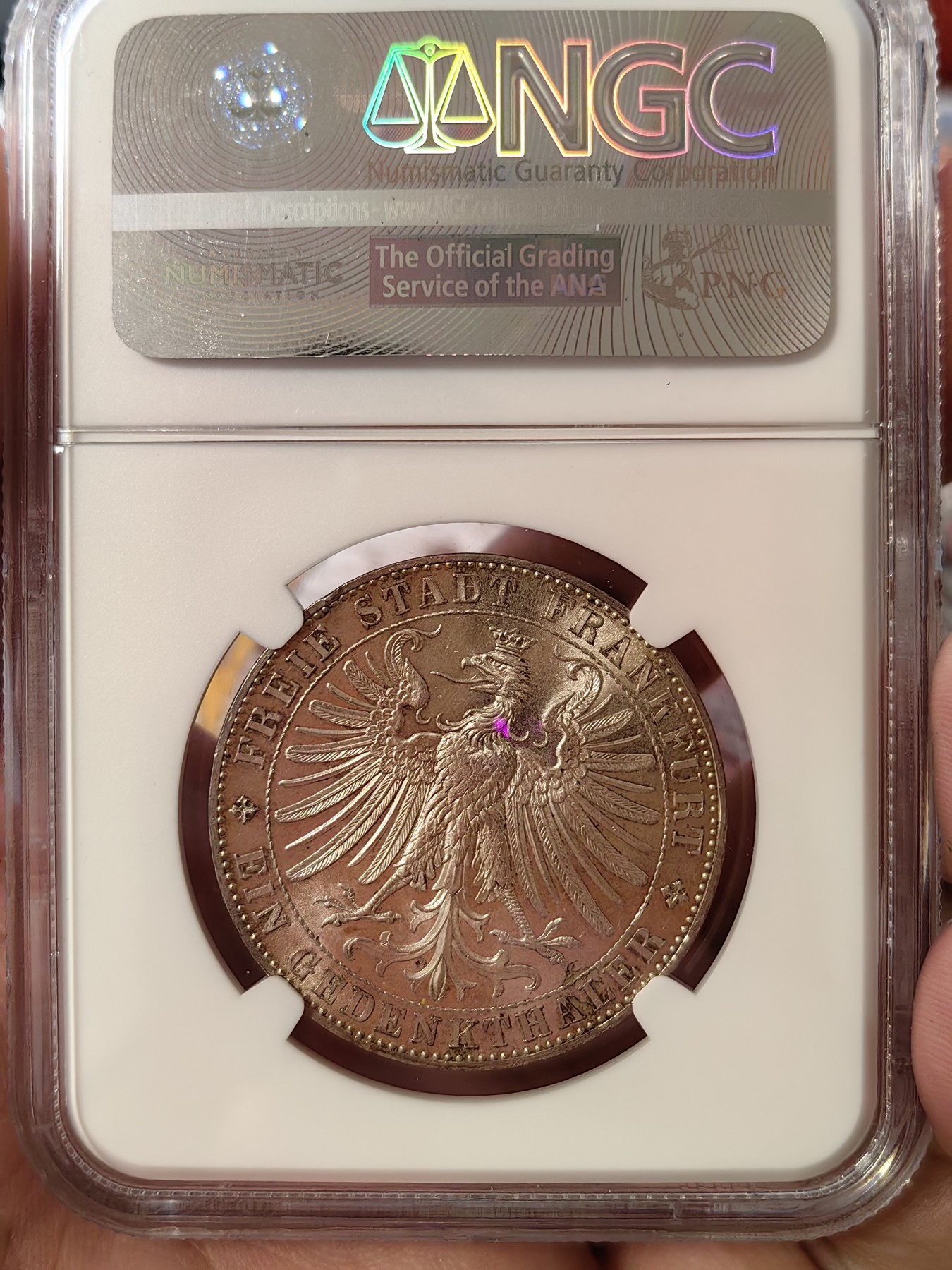 橡树集藏-006场 海纳百川 NGC-MS63 德国法兰克福1863年 王子会议厅1泰勒大银币 细节爆表 设计极佳 车轮转光非常漂亮 热门品种