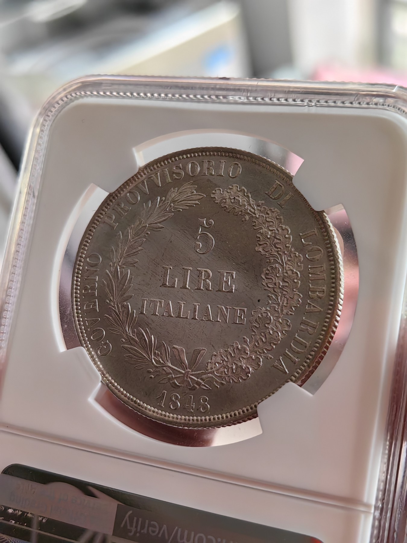 橡树集藏-006场 海纳百川 NGC-MS62pl 1848年意大利伦巴第5里拉，pcgs和ngc一共220个评级记录中唯一评到PL的一枚，唯一冠军分，可遇不可求 。实物精彩炫目，pl的魅力真是一绝。上帝呼唤自由之意大利，设计绝佳，单年版。