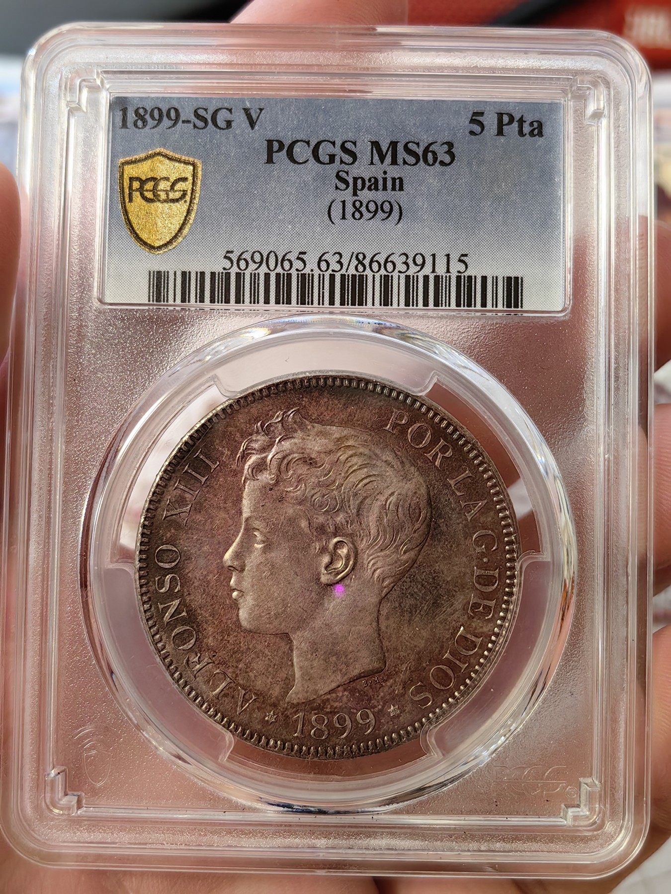 橡树集藏-006场 海纳百川 PCGS-MS63 1899年 西班牙5比塞塔大银币 经典男童设计 海格力斯双柱 通体原味虹彩包浆 车轮光 打制优异底板佳 实物非常漂亮 