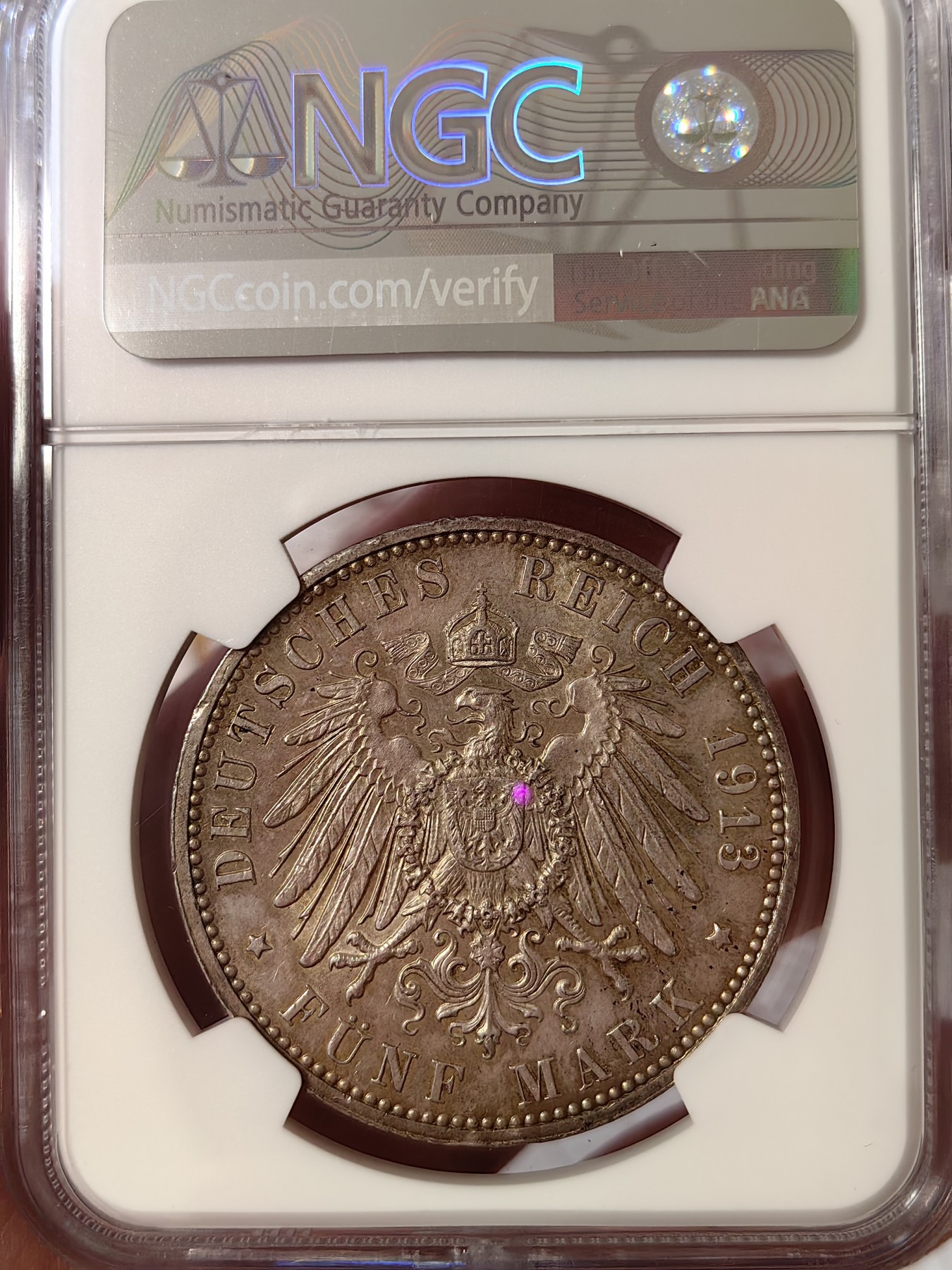 橡树集藏-006场 海纳百川 NGC-MS63 1913年 德国汉堡双狮5马克 温润五彩包浆 沁人心脾 超强底板 严评 入手典藏佳品 