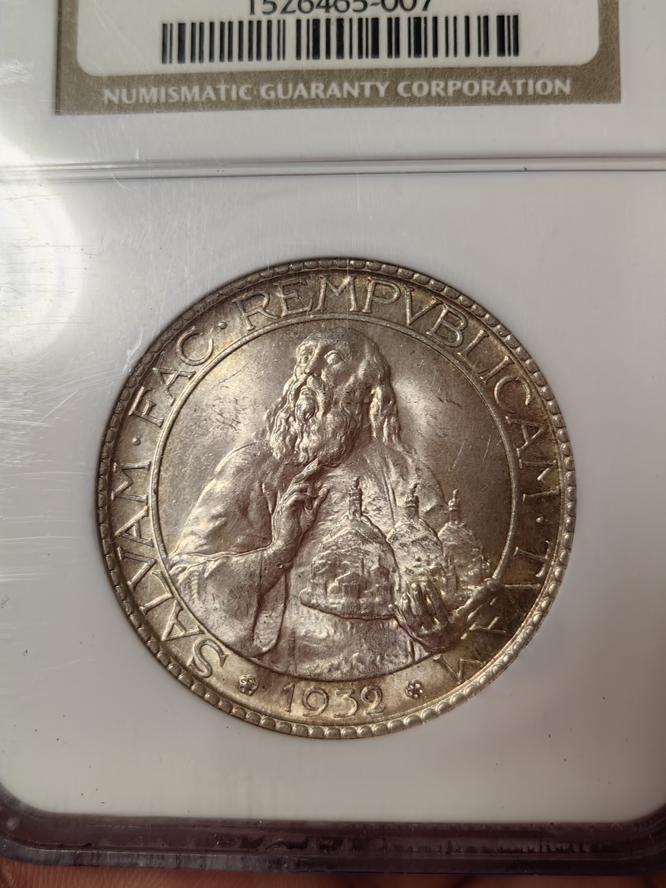 橡树集藏-006场 海纳百川 ngc-ms64 1932年圣马力诺20里拉大银币 环彩黄油包浆 双车轮顶级霜光 老盒严评品质保障 实物状态极佳