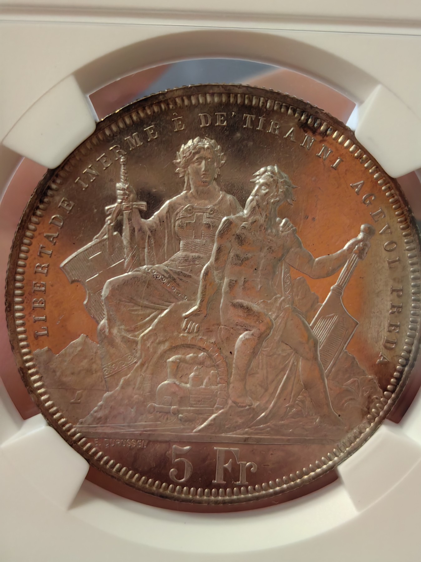 橡树集藏-006场 海纳百川 ngc-ms64pl 1883年瑞士卢加诺射击节5法郎大银币 pl唯一评级  极其罕见的prooflike射击节 实物绝美 令人惊叹