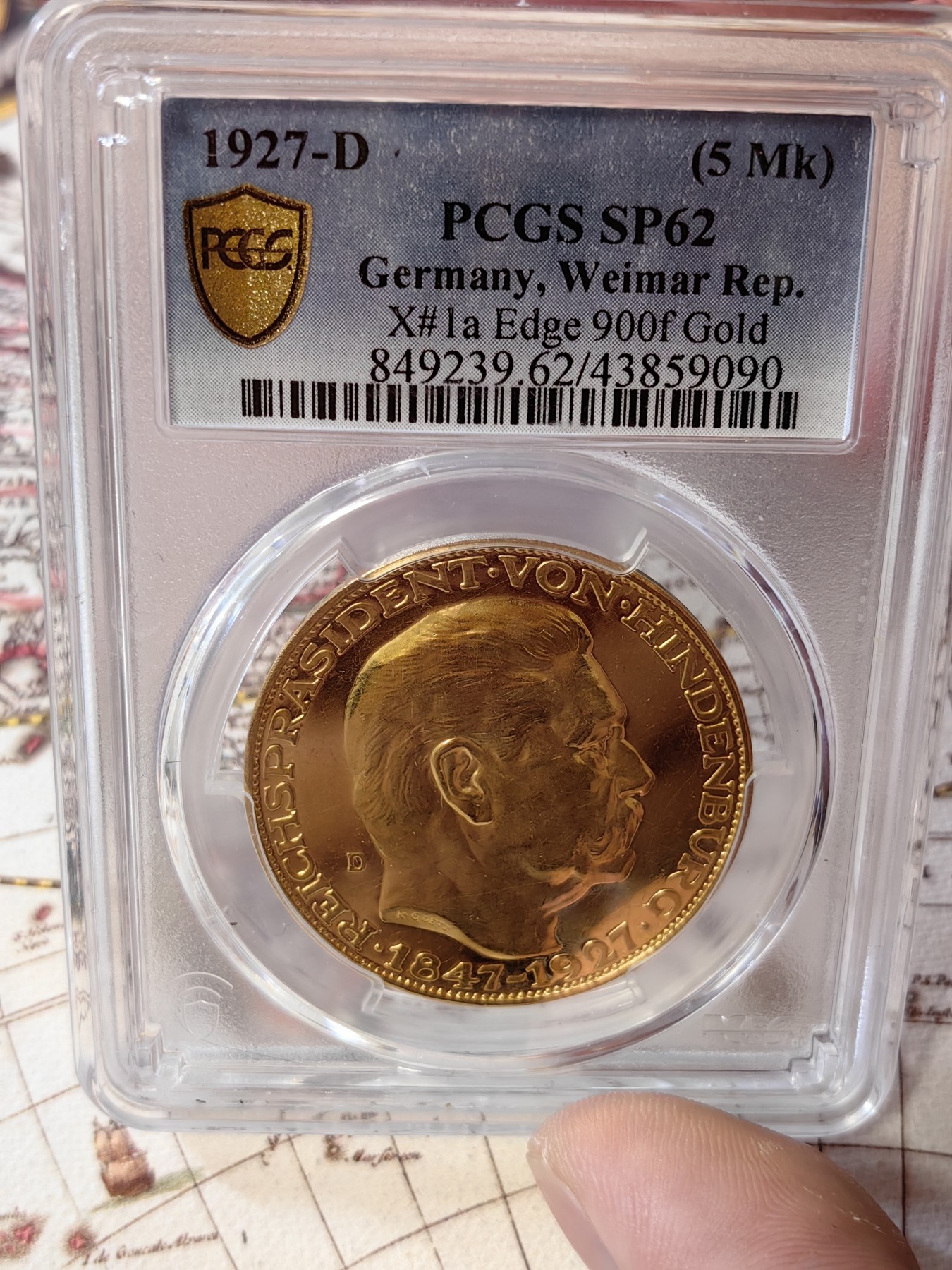 橡树集藏-006场 海纳百川 Pcgs-Sp62 1927年兴登堡大寿5马克型金样 少见卡尔歌茨版大名誉品种 大尺寸黄金制品  实物震撼 镜面绝美