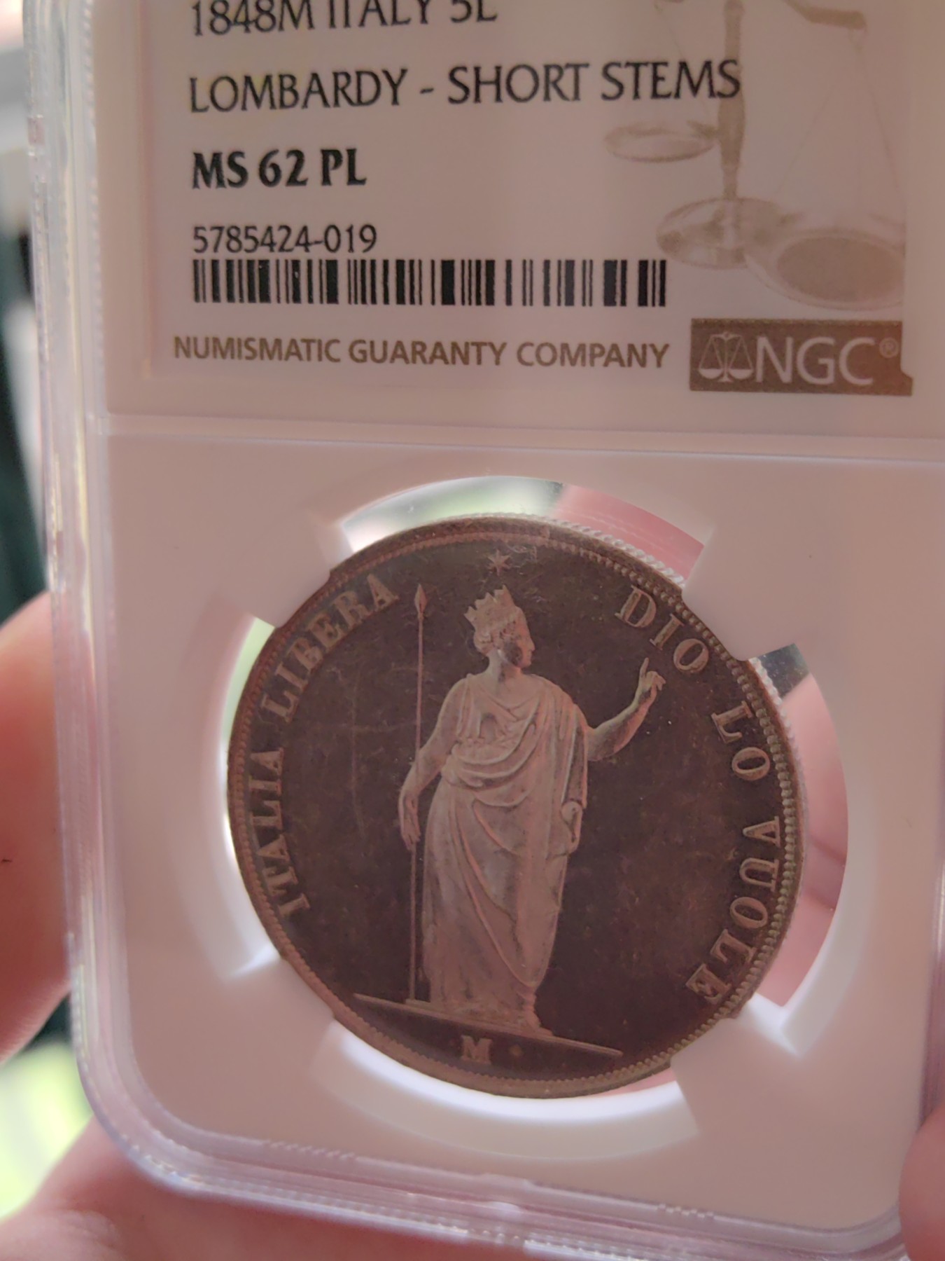 橡树集藏-006场 海纳百川 NGC-MS62pl 1848年意大利伦巴第5里拉，pcgs和ngc一共220个评级记录中唯一评到PL的一枚，唯一冠军分，可遇不可求 。实物精彩炫目，pl的魅力真是一绝。上帝呼唤自由之意大利，设计绝佳，单年版。