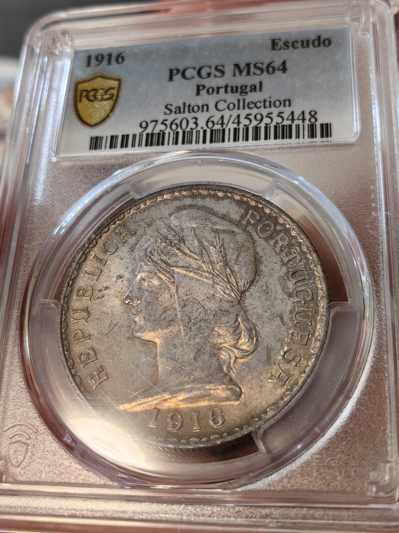 橡树集藏-006场 海纳百川 pcgs-Ms64 1916年葡萄牙埃斯库多大银币，谷物女神。数据库亚军分，仅仅一枚64+更高。官网广告币，双面顶级欧陆老彩浆，实物绝美。Salton Collection，名家旧藏。欧陆女神大银币，热门潜力股。