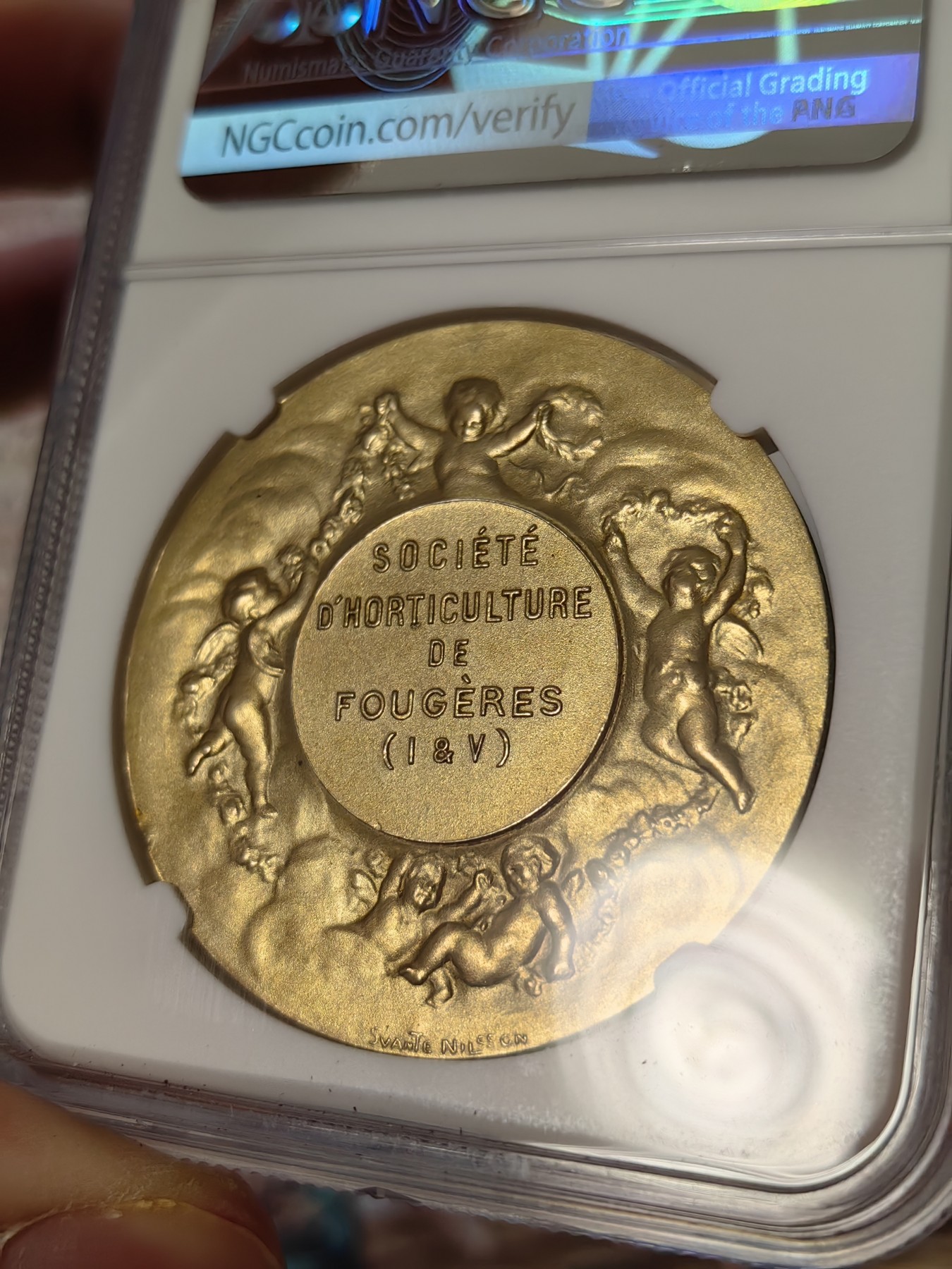 橡树集藏-006场 海纳百川 ngc-Ms64 1880年左右法国镀金银章 尼尔森园艺协会 大尺寸热门法章 正面是辛勤的园丁玫瑰花田 背面是五个小天使天女散花 可可爱爱 浮光掠影 金碧辉煌
