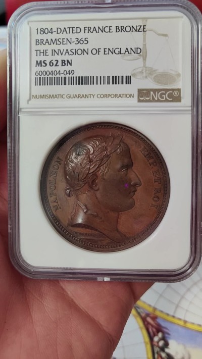 橡树集藏-006场 海纳百川 NGC-ms62 拿破仑1804原铸铜章，入侵英格兰，稀有品种，肖像由DROZ 雕刻（早期人像风格，少见）加厚盒。